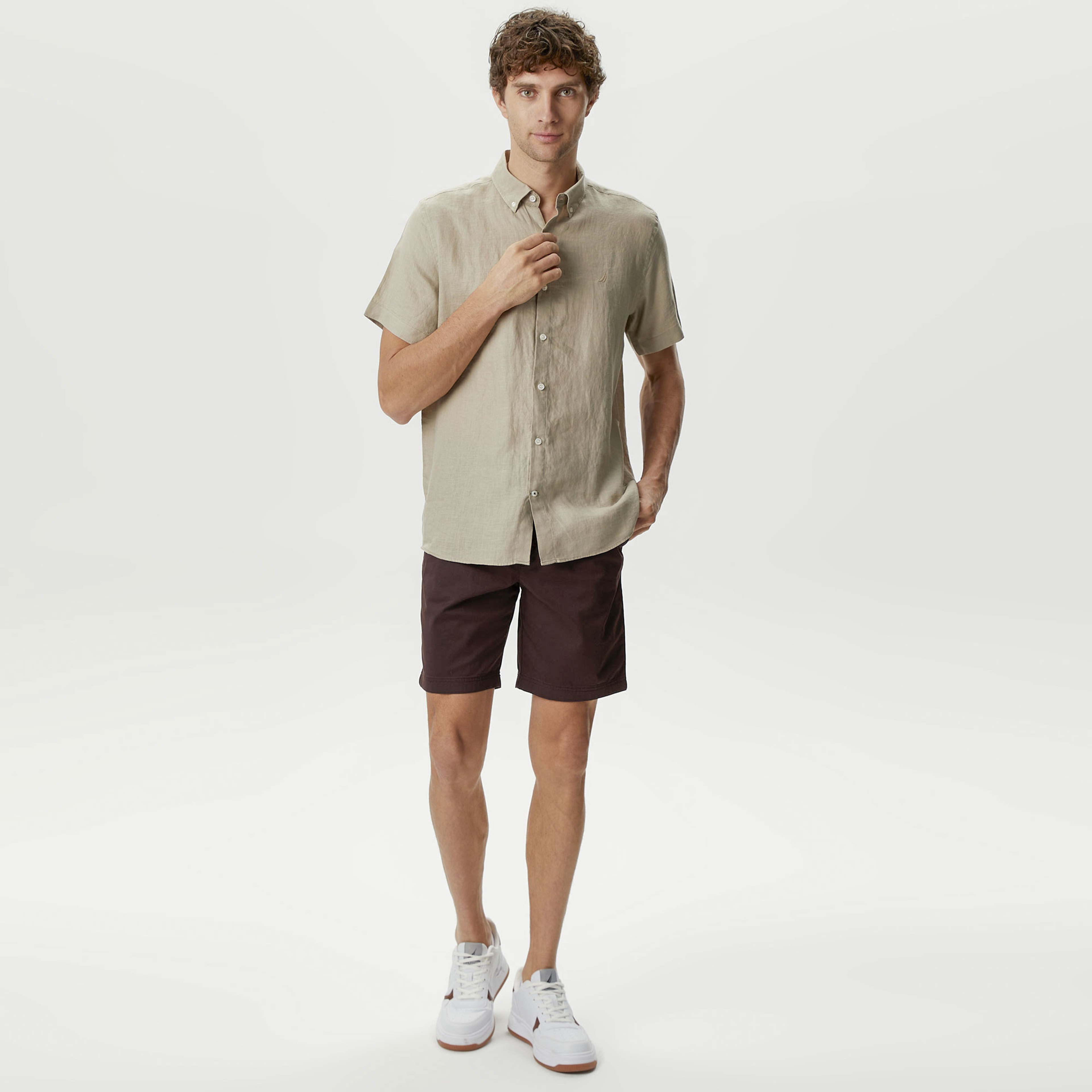 Nautica Erkek Bej Classic Fit Kısa Kollu Keten Gömlek