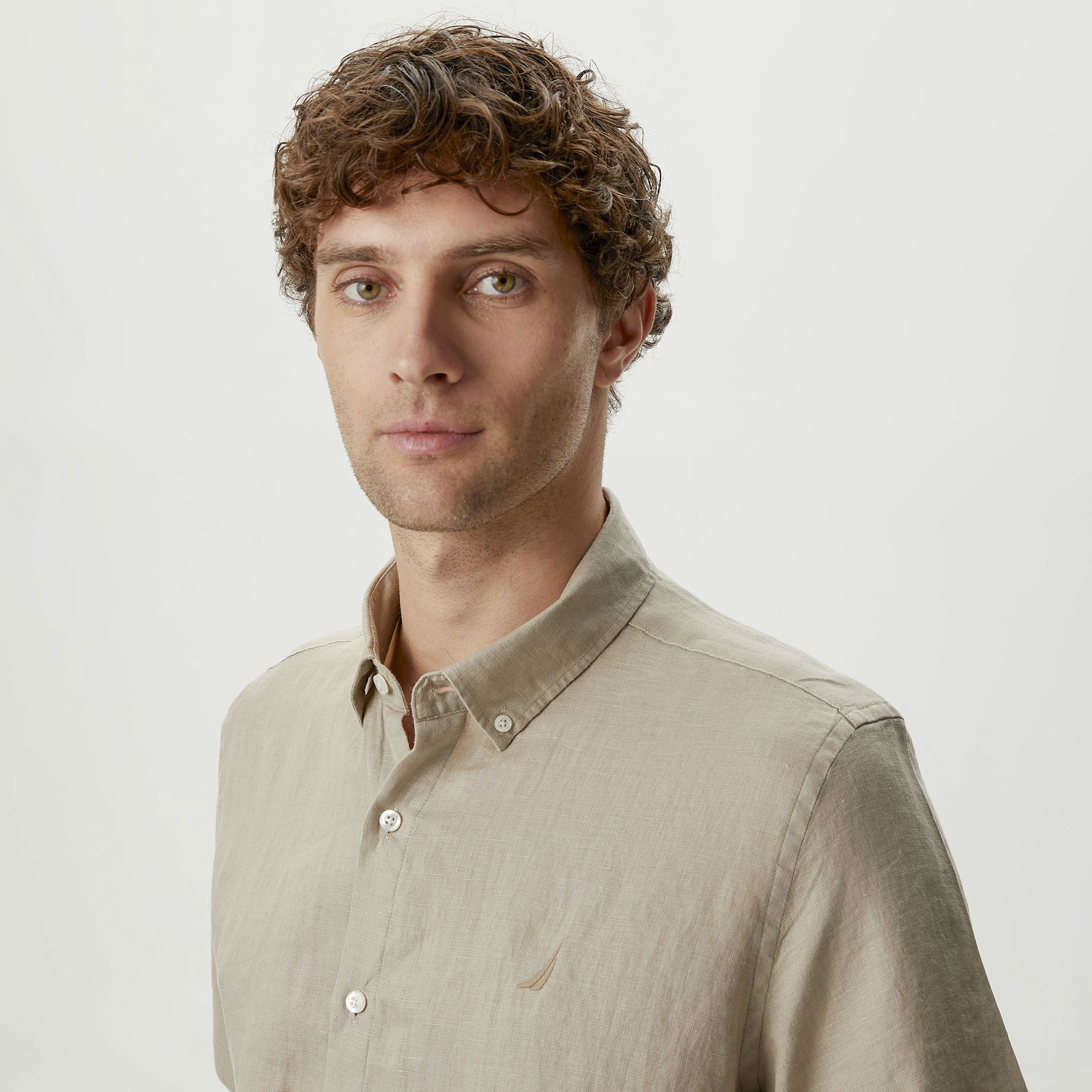 Nautica Erkek Bej Classic Fit Kısa Kollu Keten Gömlek