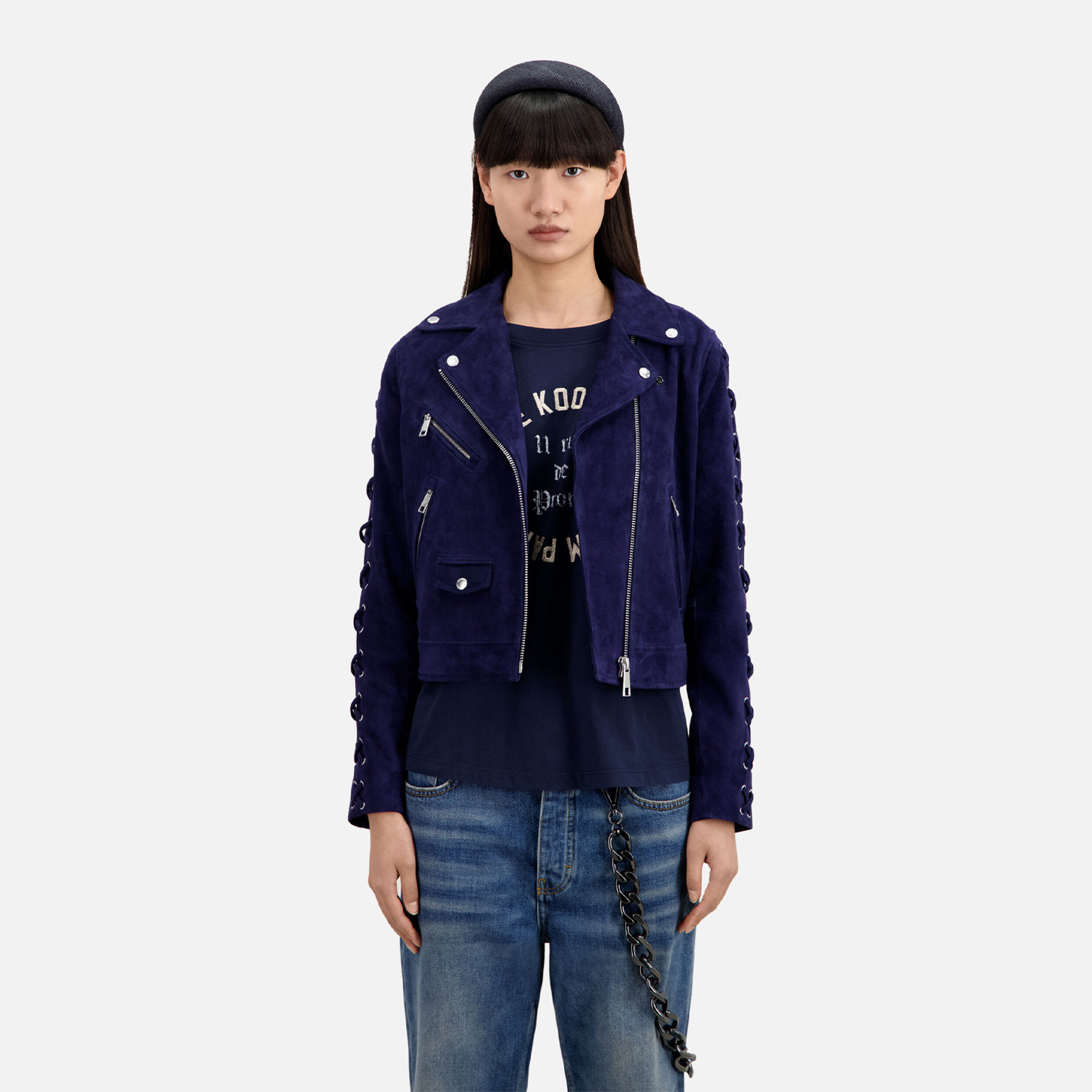 KADIN LACİVERT SÜET BIKER CEKET