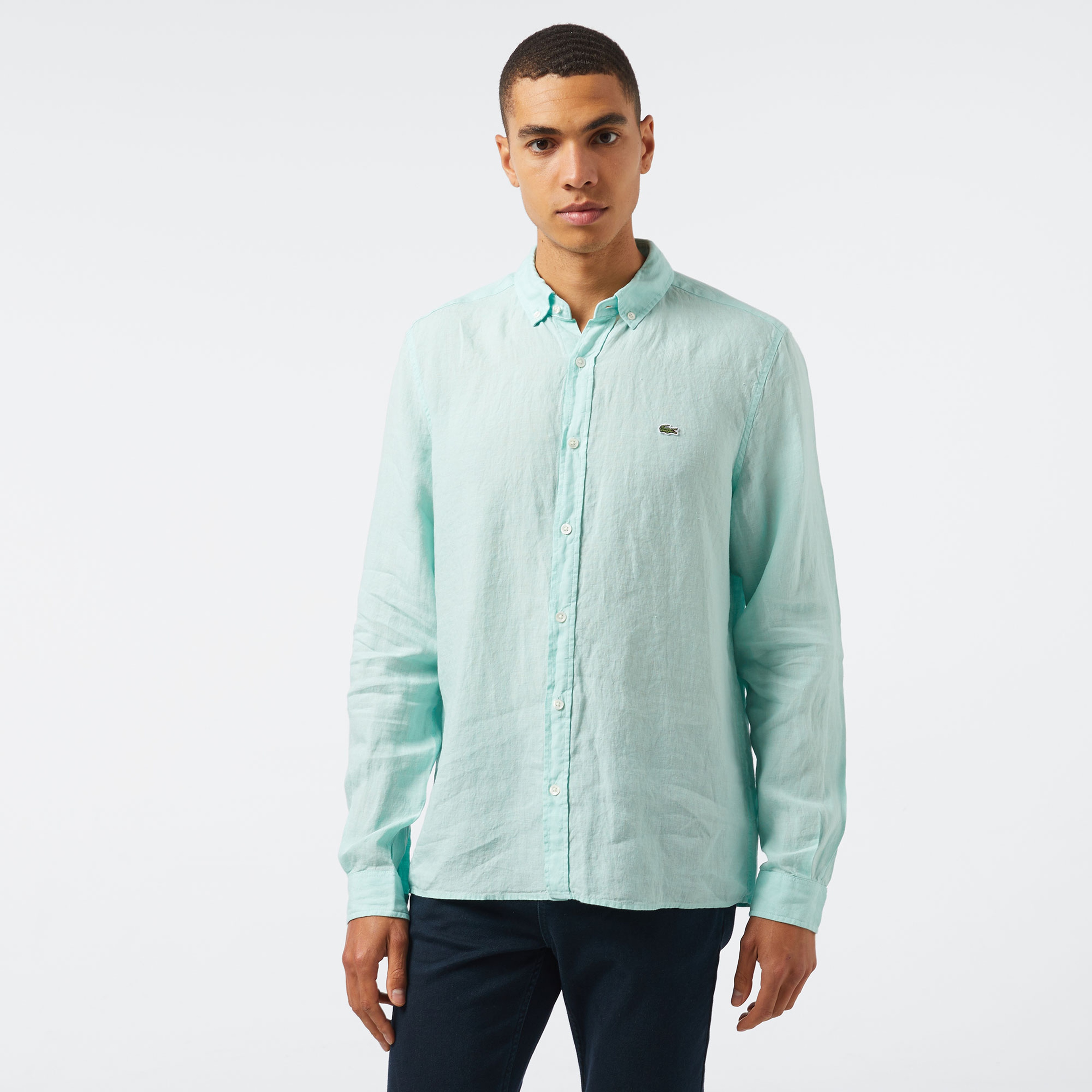 Erkek Regular Fit Düğmeli Yaka Keten Yeşil Gömlek