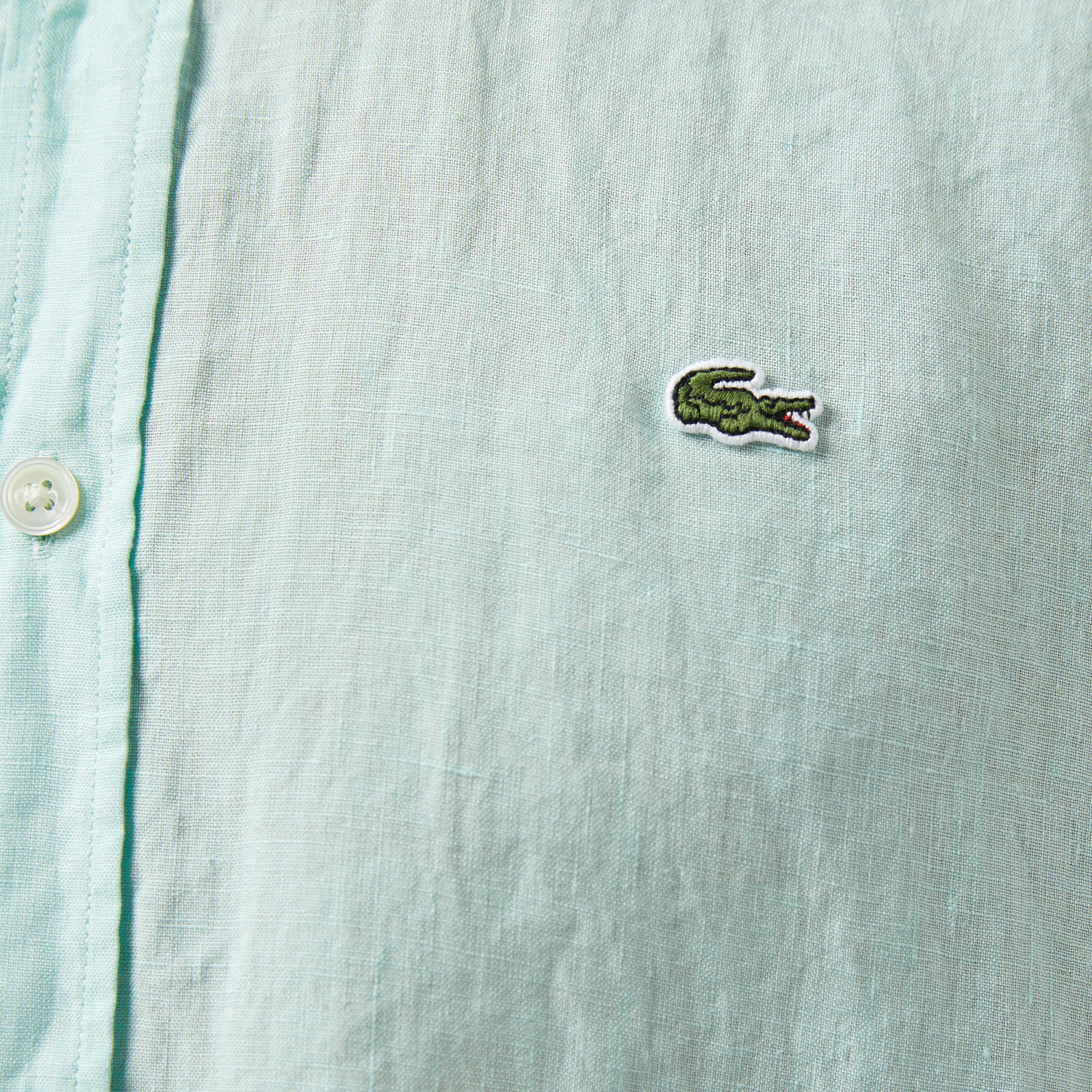 Erkek Regular Fit Düğmeli Yaka Keten Yeşil Gömlek