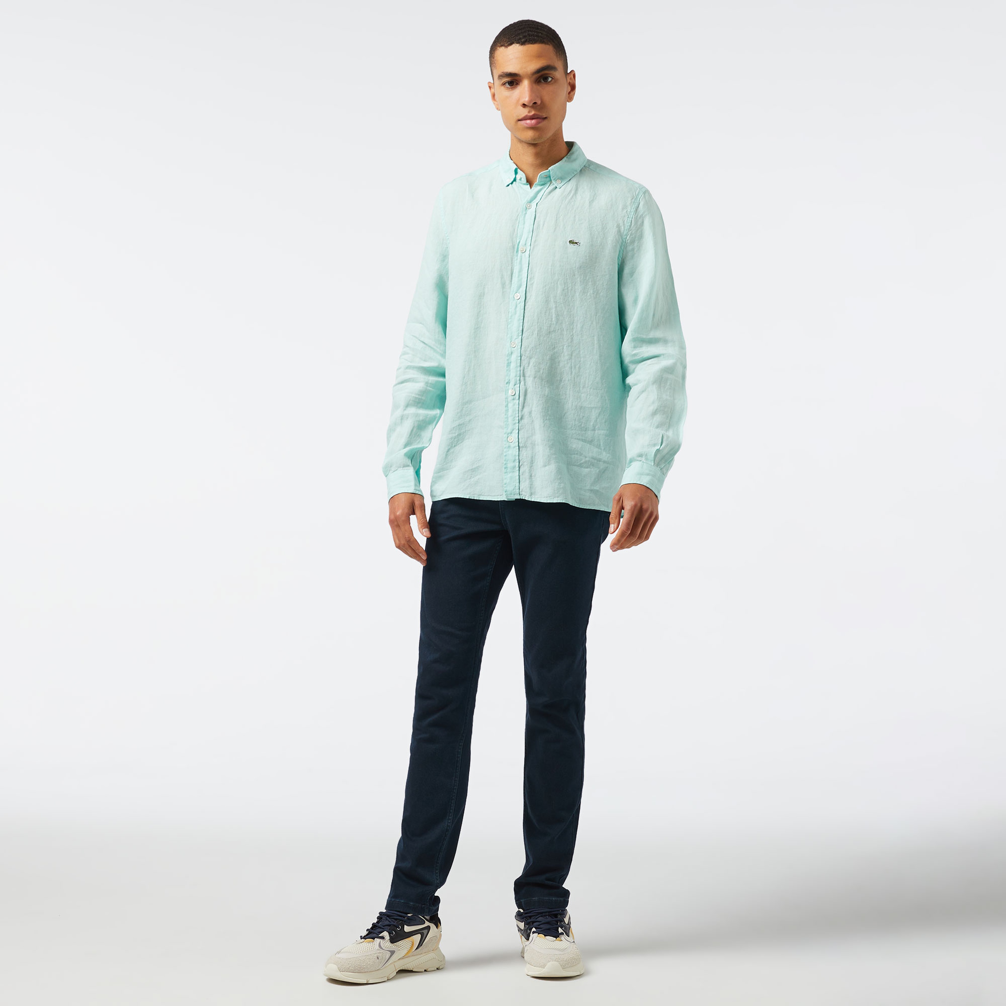 Erkek Regular Fit Düğmeli Yaka Keten Yeşil Gömlek