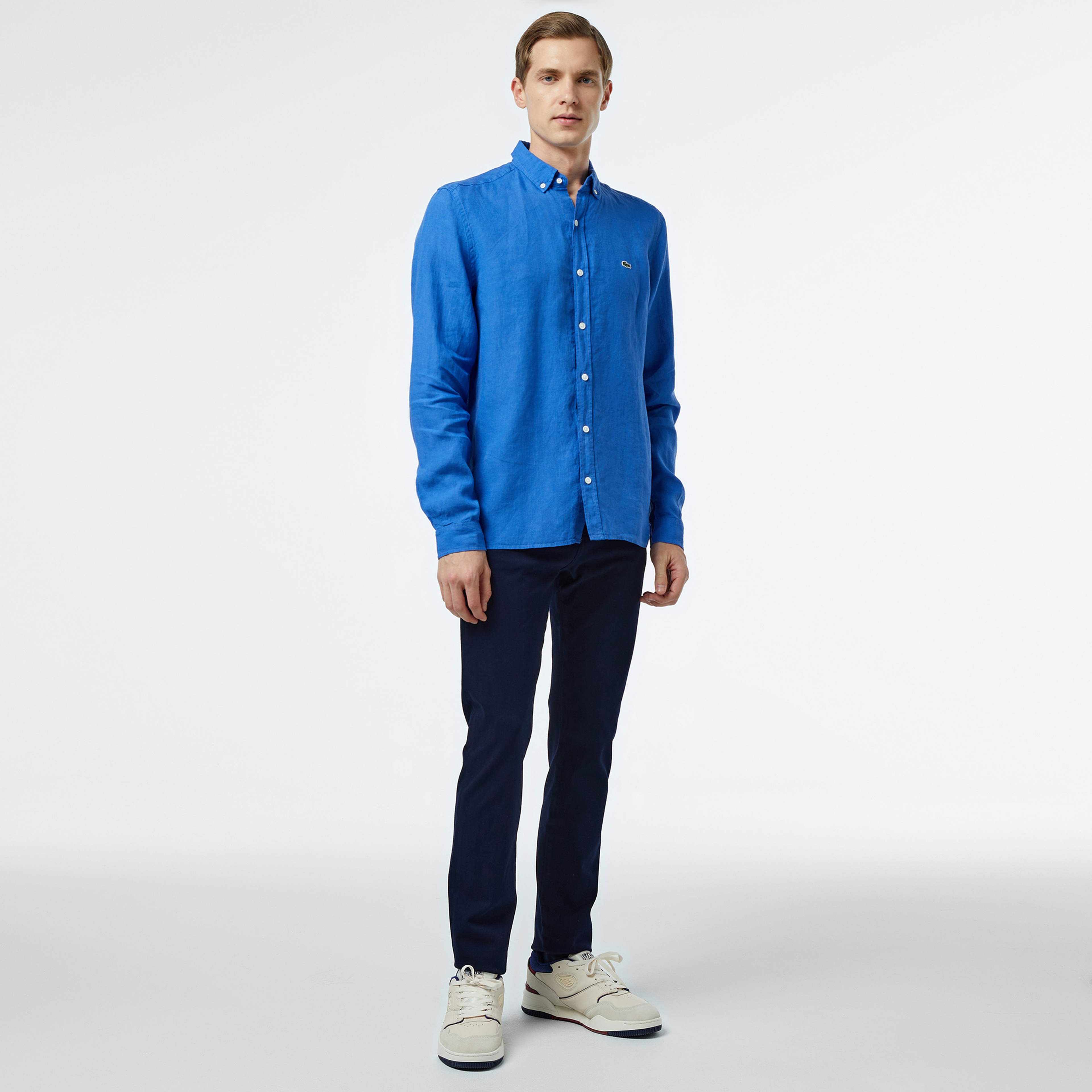 Erkek Regular Fit Düğmeli Yaka Keten Mavi Gömlek