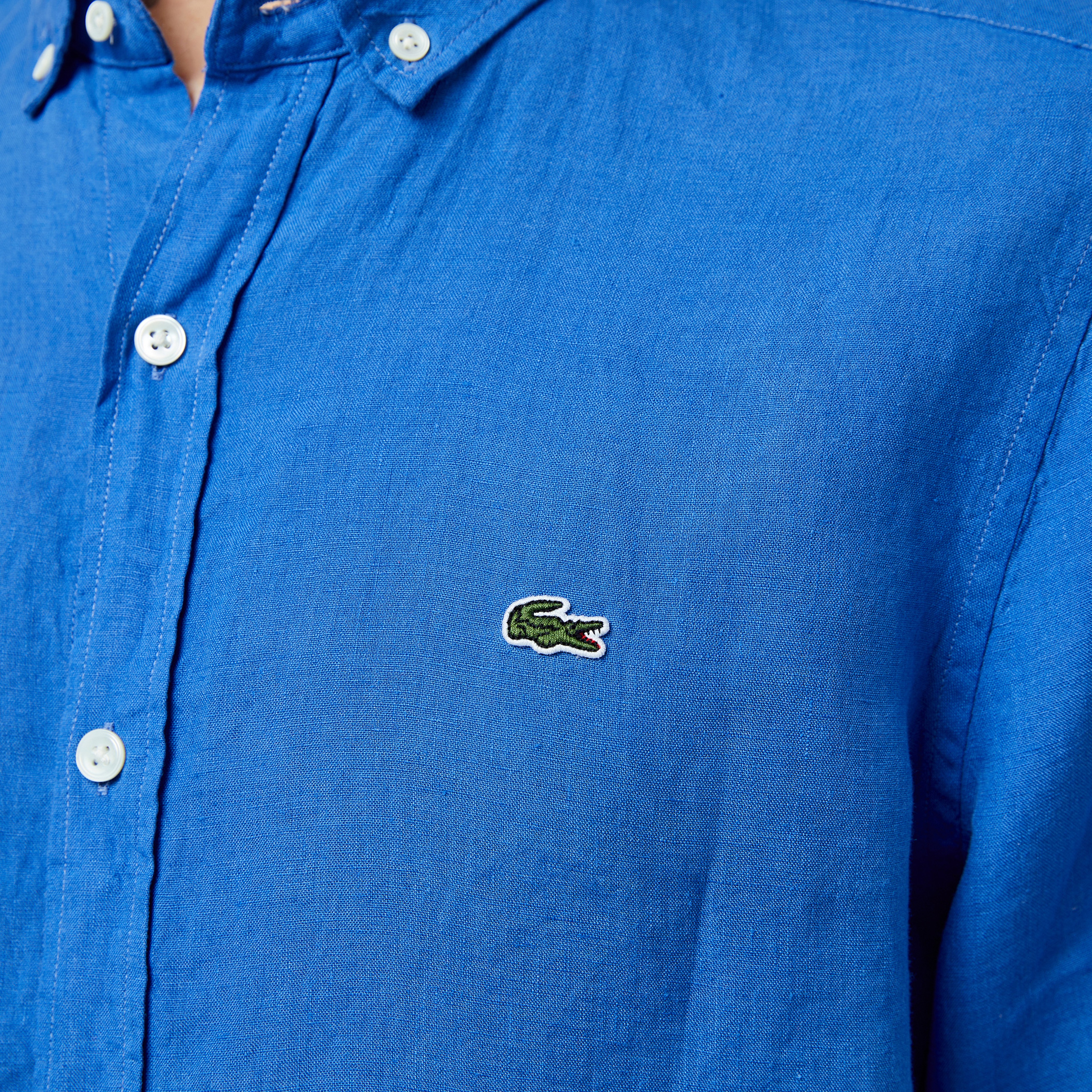 Erkek Regular Fit Düğmeli Yaka Keten Mavi Gömlek