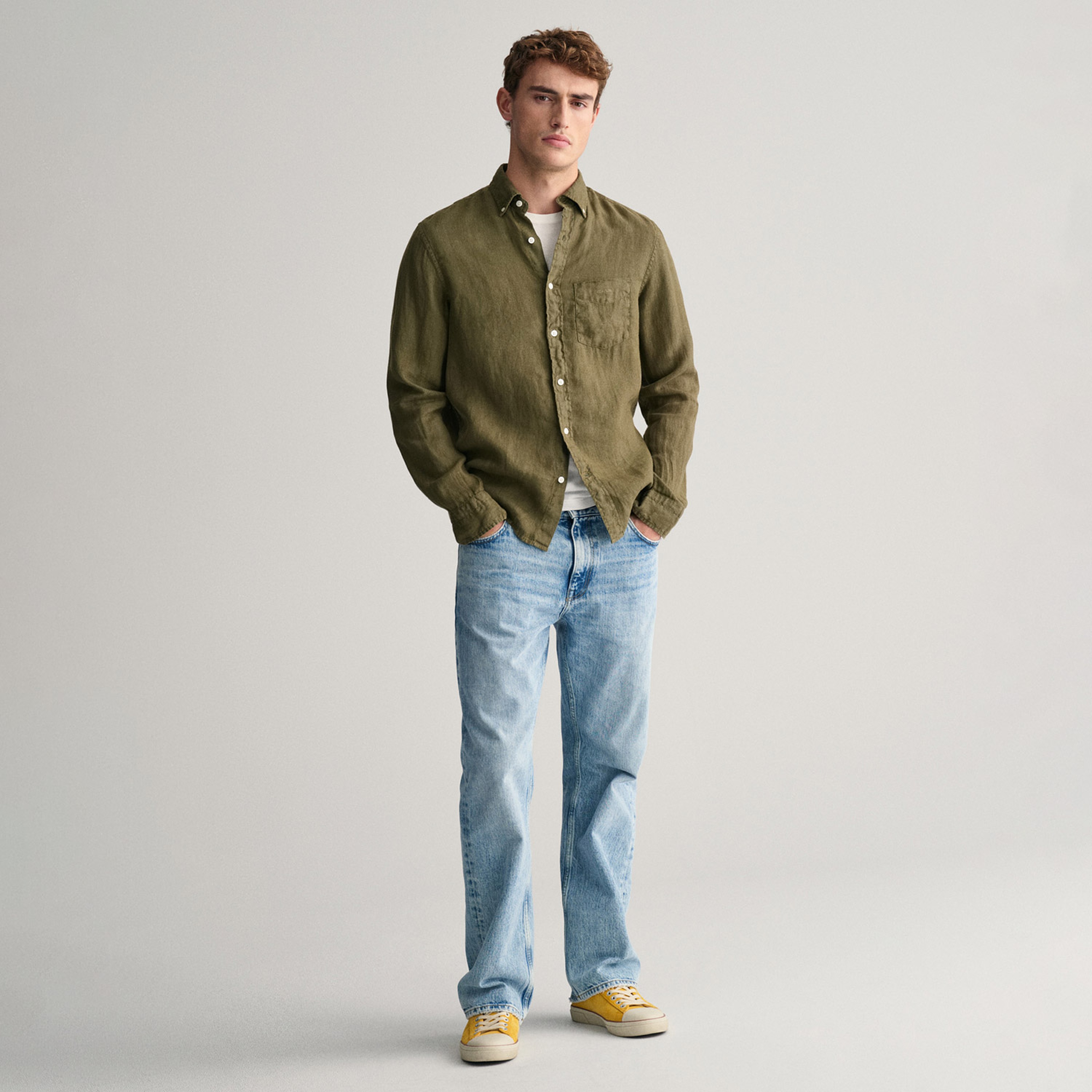 GANT Erkek Yeşil Regular Fit Düğmeli Yaka Keten Gömlek