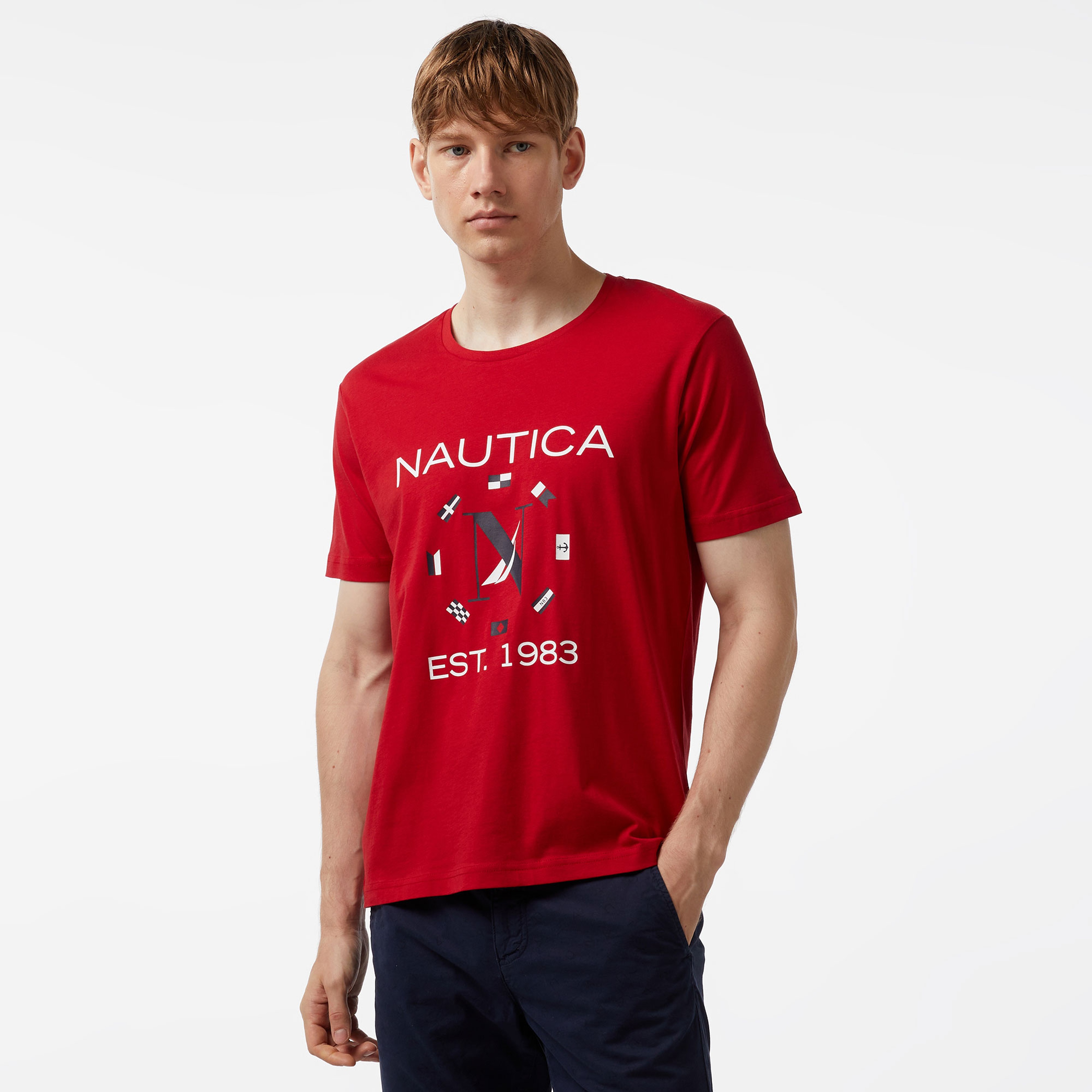 Nautica Erkek Kırmızı Standart Fit Kısa Kollu Baskılı T-Shirt