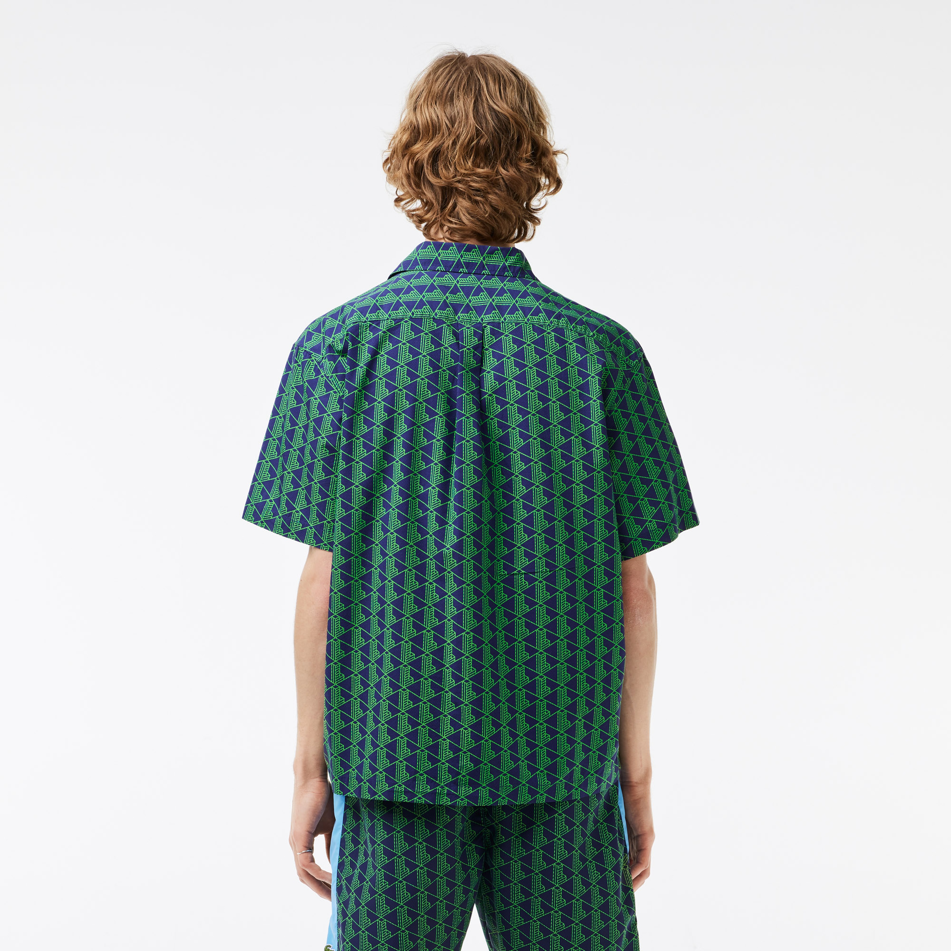 Erkek Relaxed Fit Kısa Kollu Monogram Yeşil Gömlek