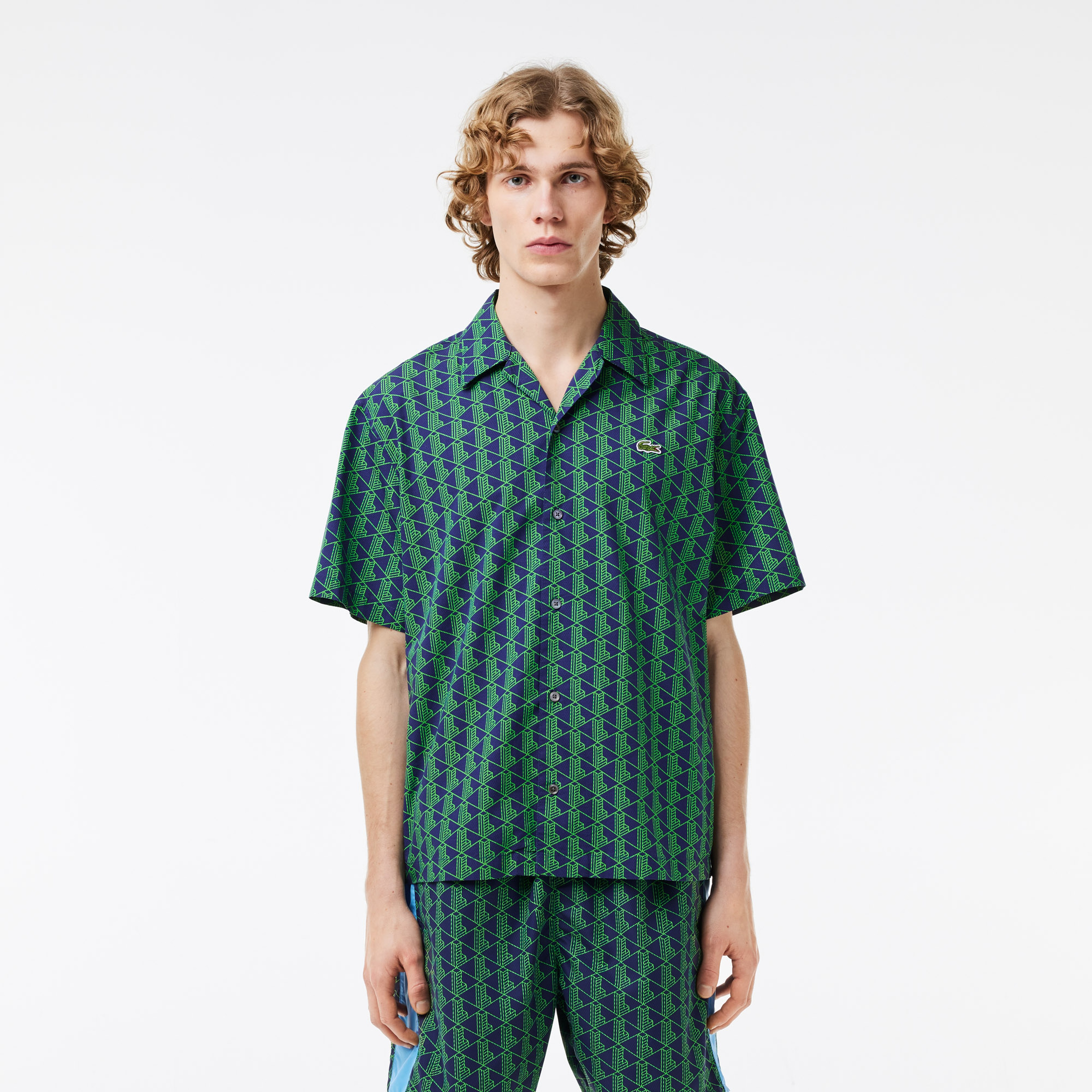 Erkek Relaxed Fit Kısa Kollu Monogram Yeşil Gömlek