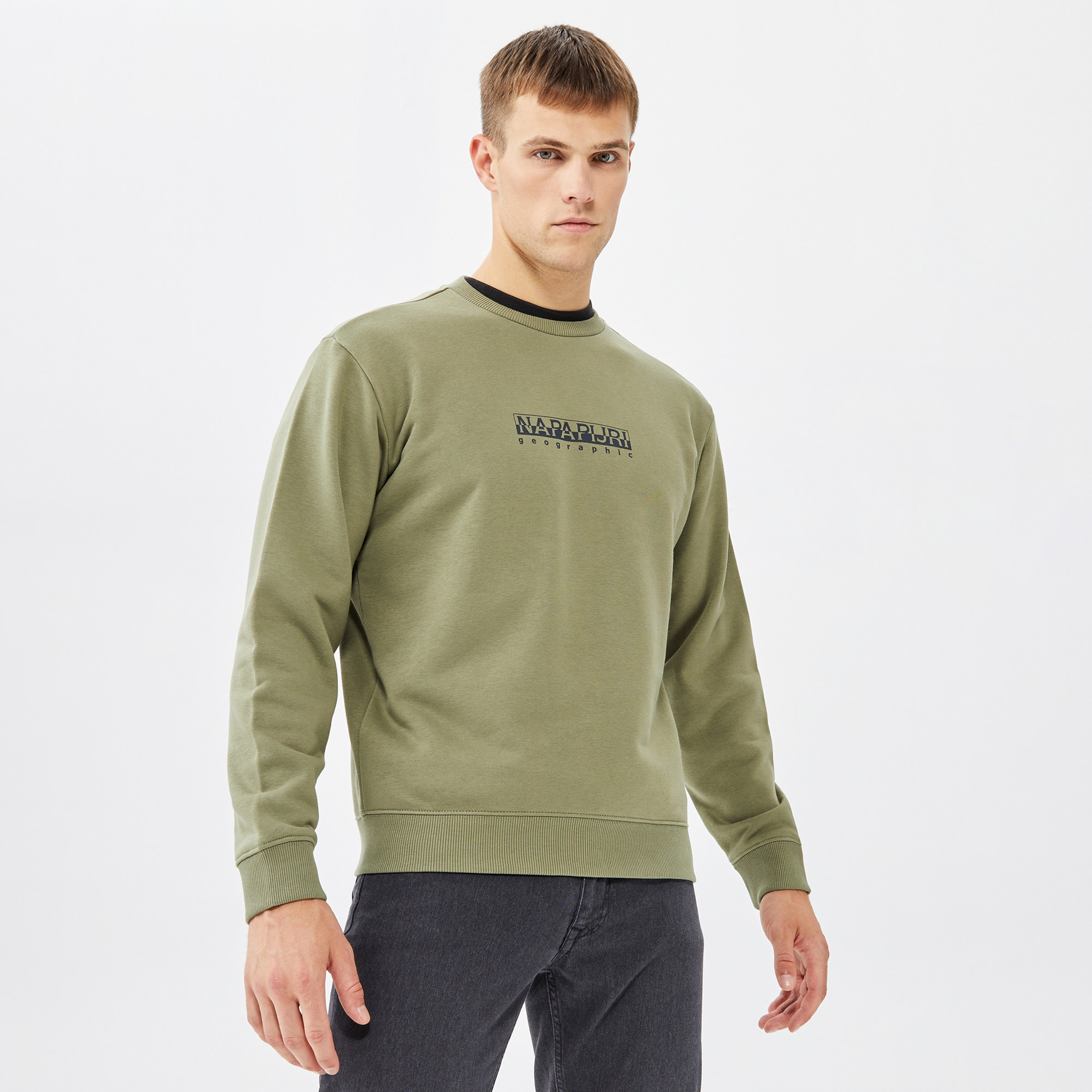 Napapijri Box Logo Crewneck Erkek Haki Sweatshirt