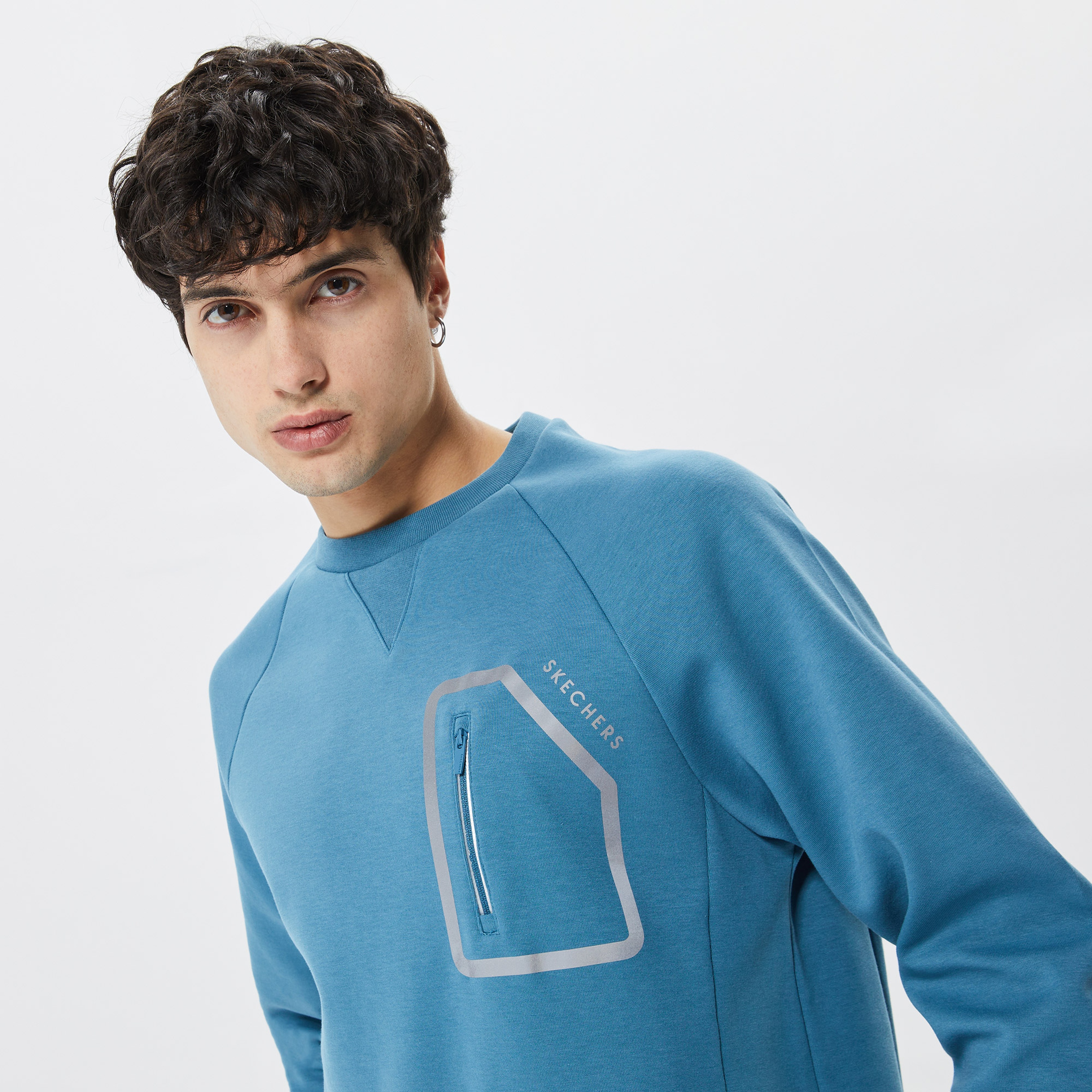 Skechers Printed Crew Neck Erkek Mavi Günlük Sweatshirt