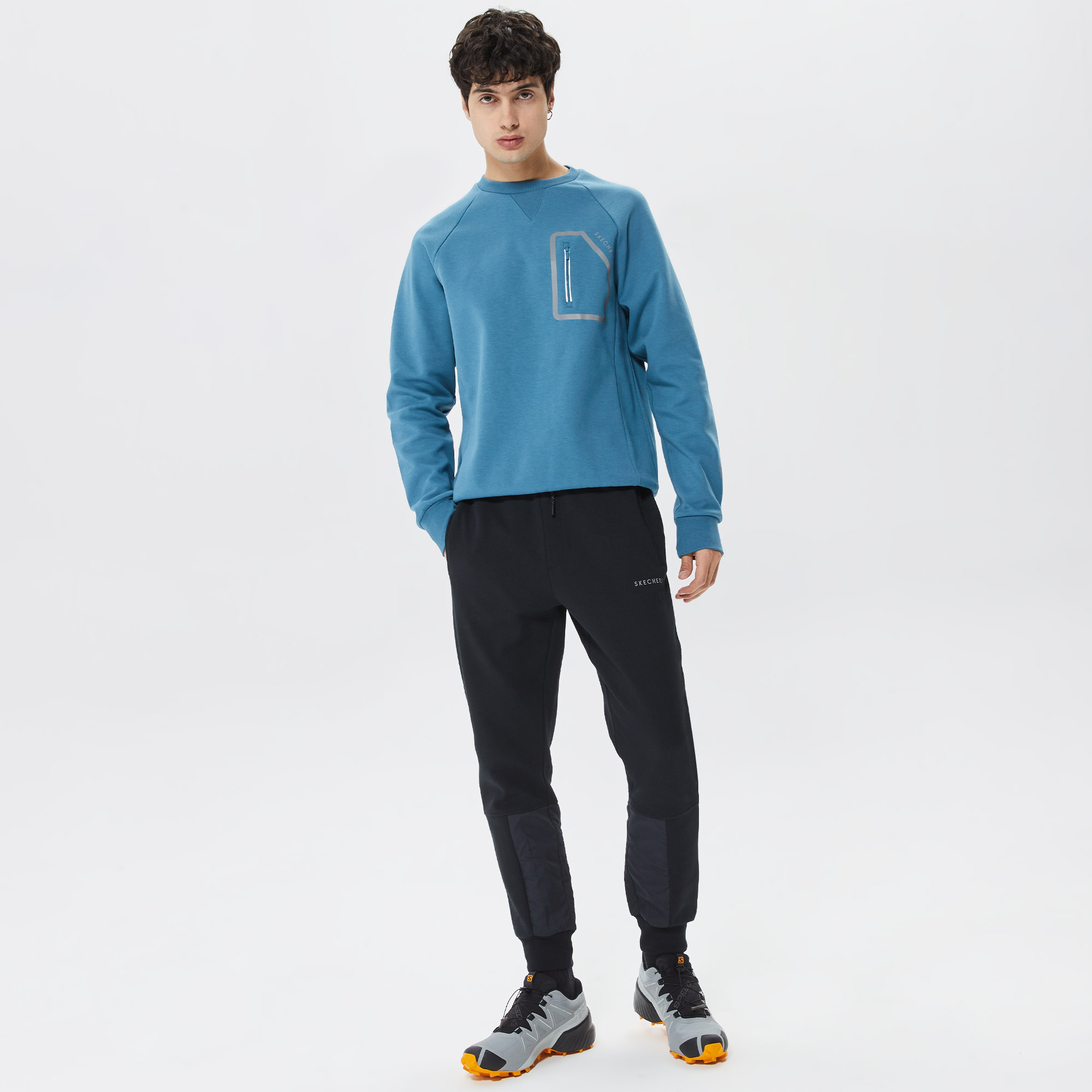 Skechers Printed Crew Neck Erkek Mavi Günlük Sweatshirt