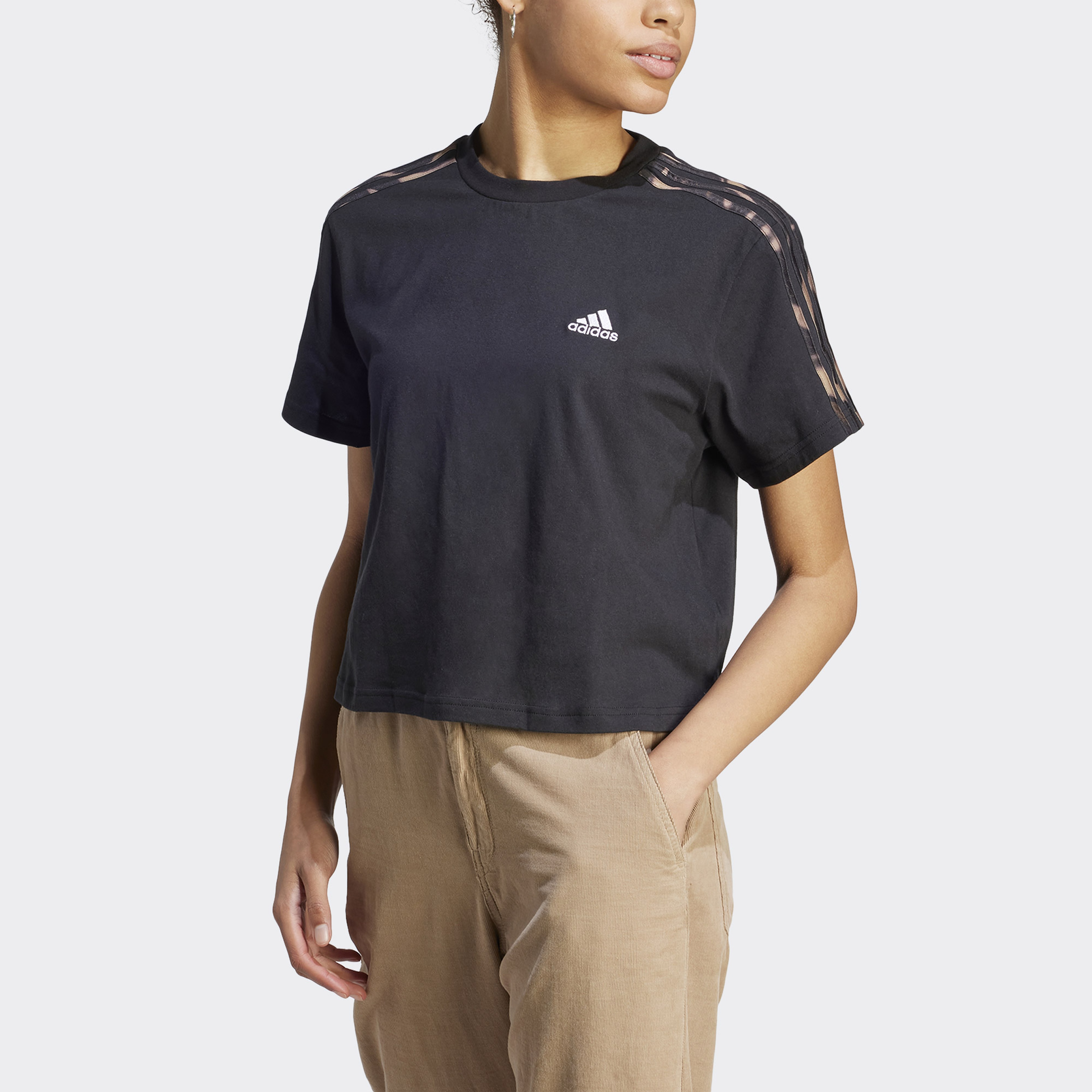 adidas Vibrant Print 3-Stripes Cotton Crop Kadın Siyah Günlük T-Shirt