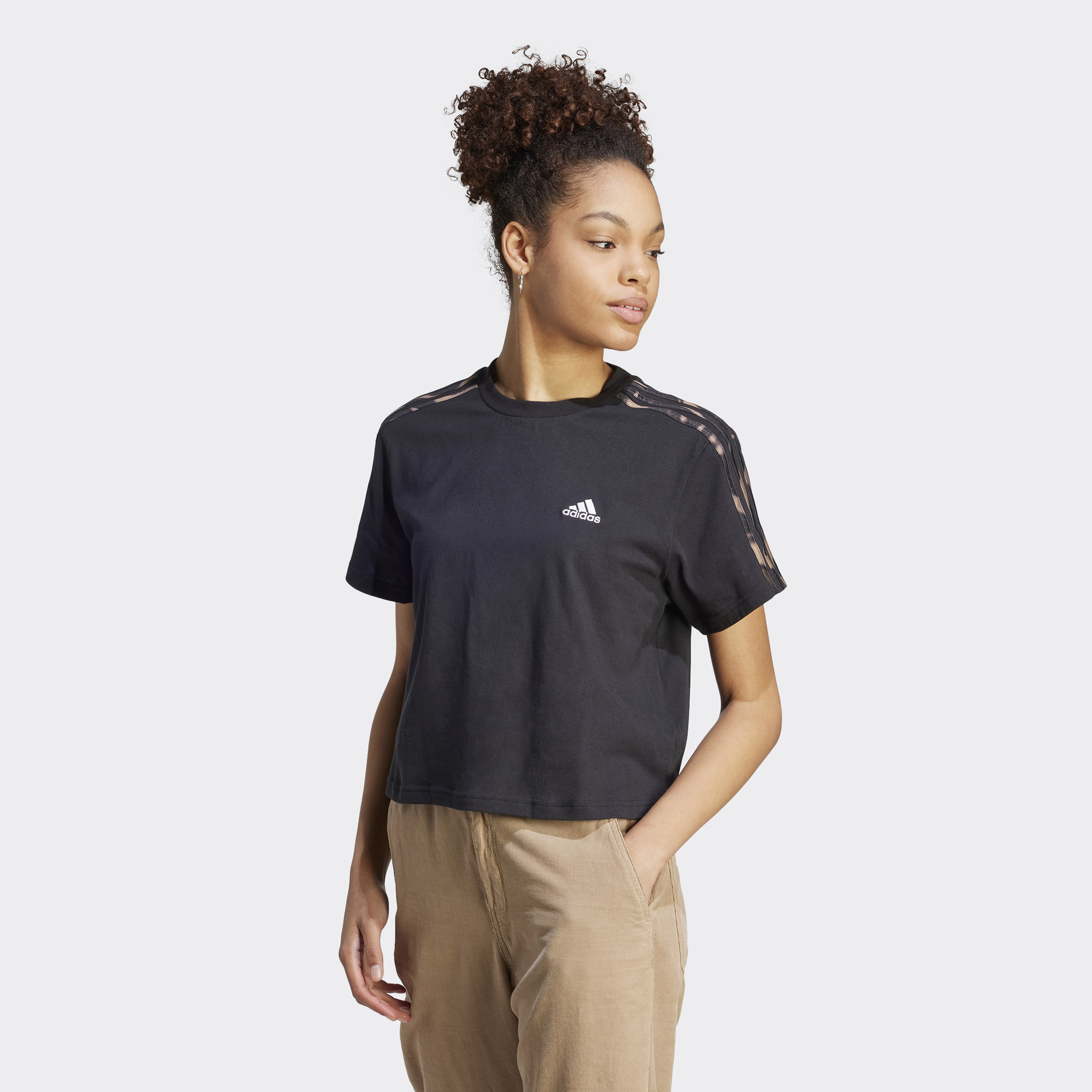 adidas Vibrant Print 3-Stripes Cotton Crop Kadın Siyah Günlük T-Shirt