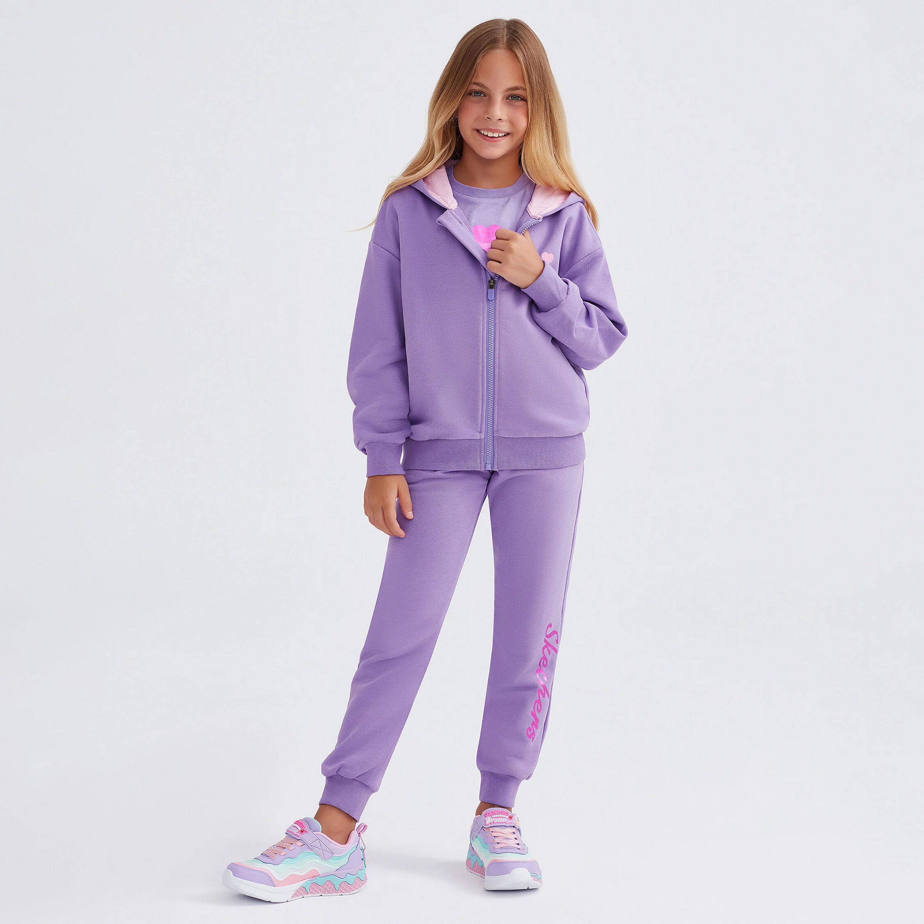 Skechers Heavy Weight Fleece Printed Çocuk Mor Eşofman Takımı