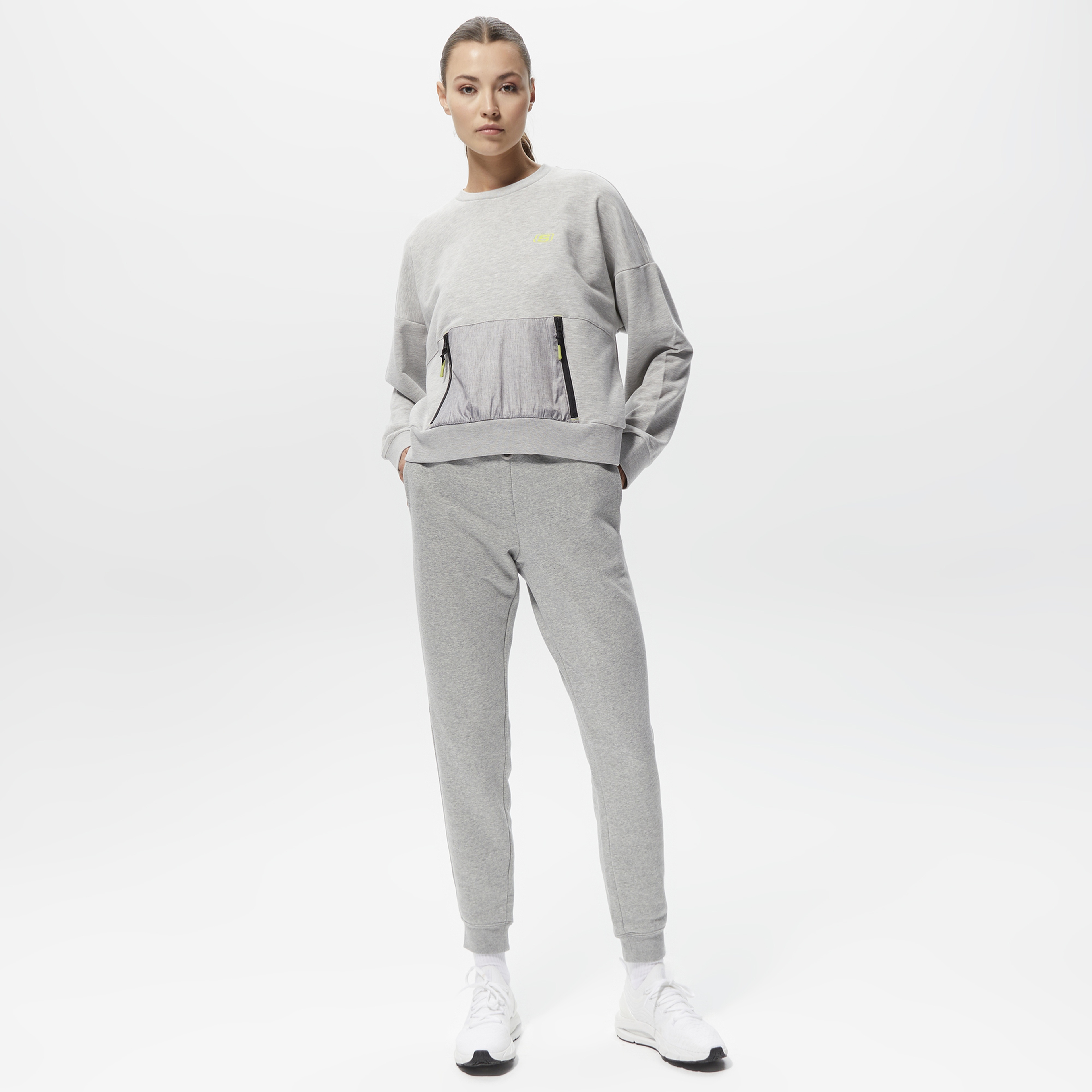 Skechers W Lw Fleece Fabric Block Crew Neck Kadın Gri Sweatshırt