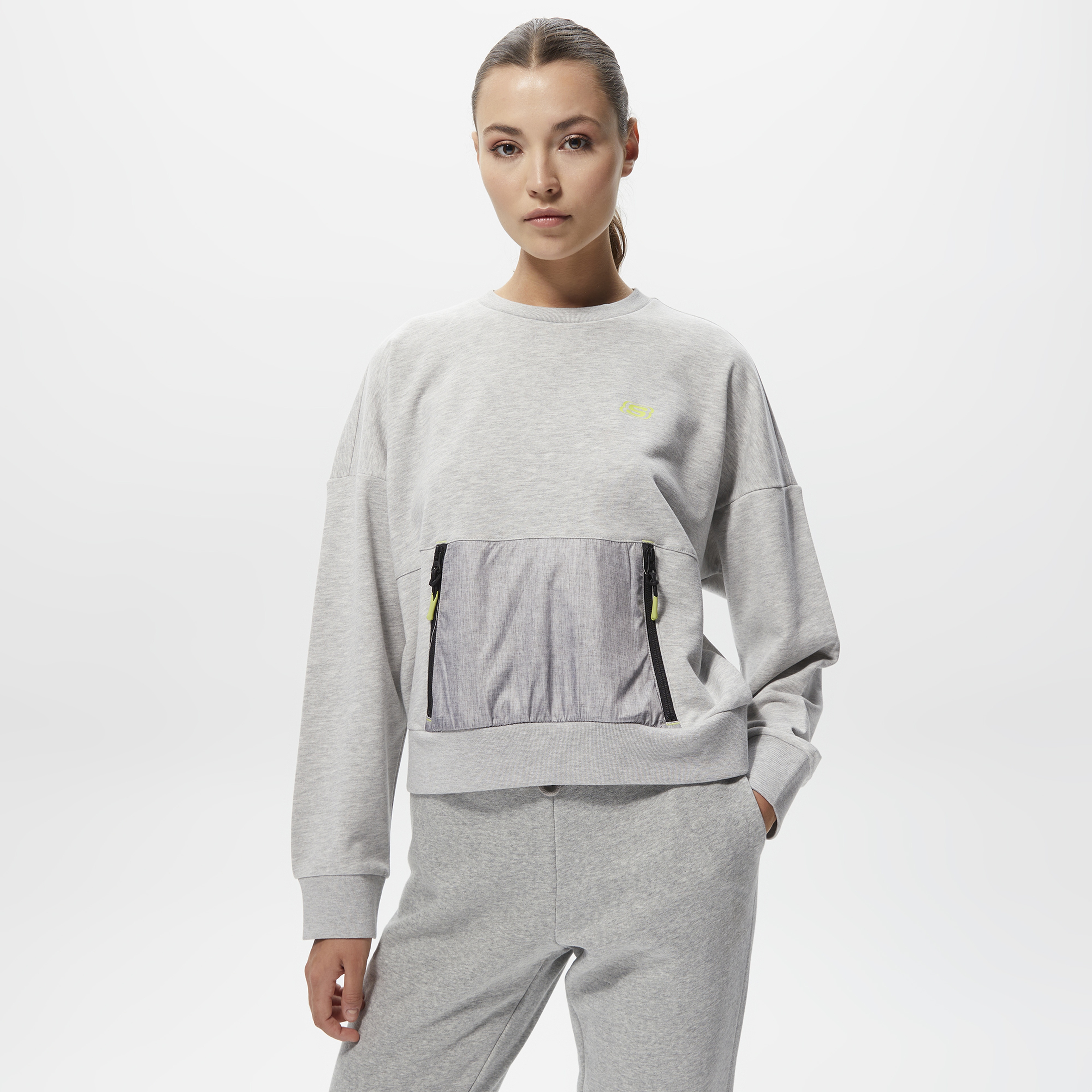 Skechers W Lw Fleece Fabric Block Crew Neck Kadın Gri Sweatshırt