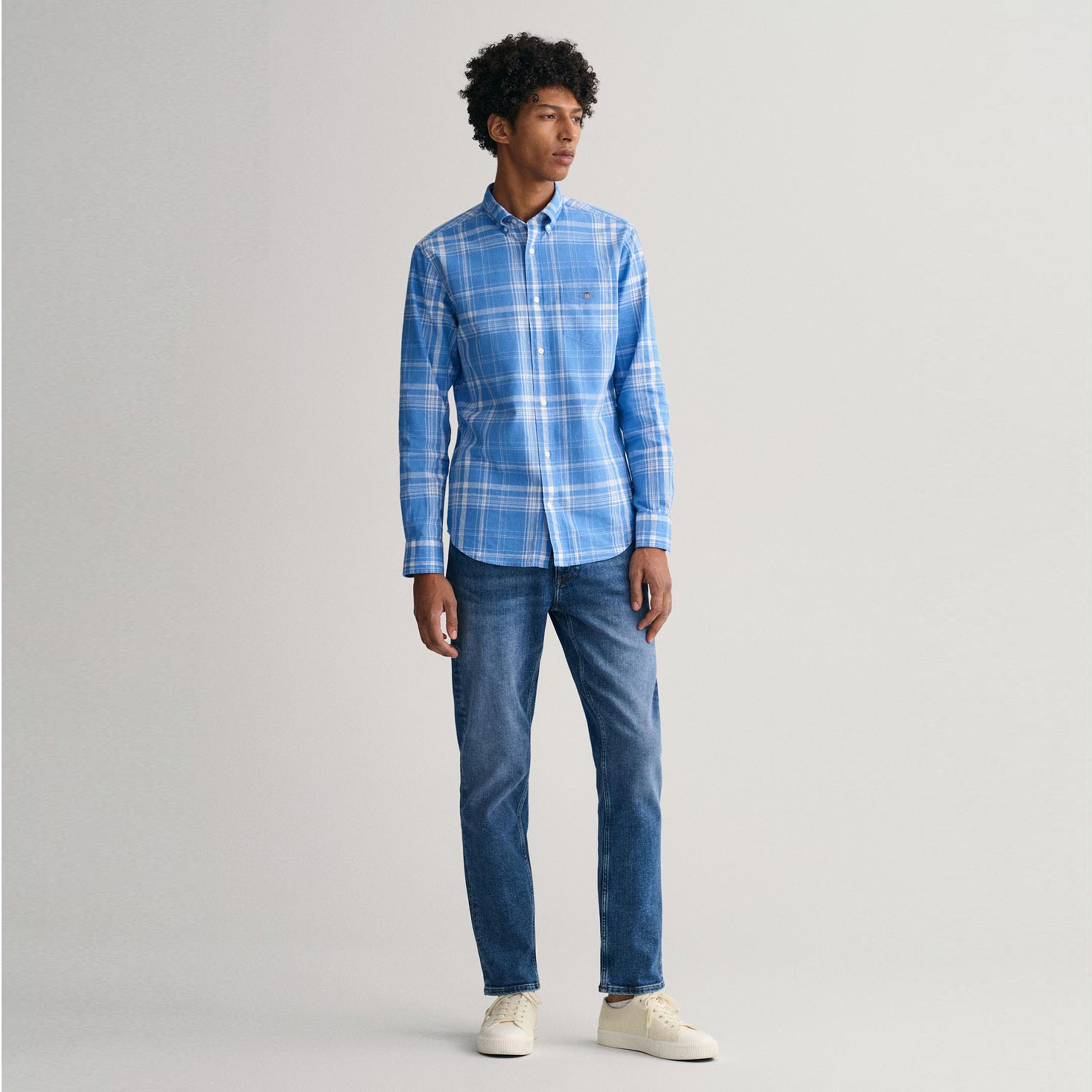 GANT Erkek Mavi Regular Fit Düğmeli Yaka Kareli Keten Gömlek