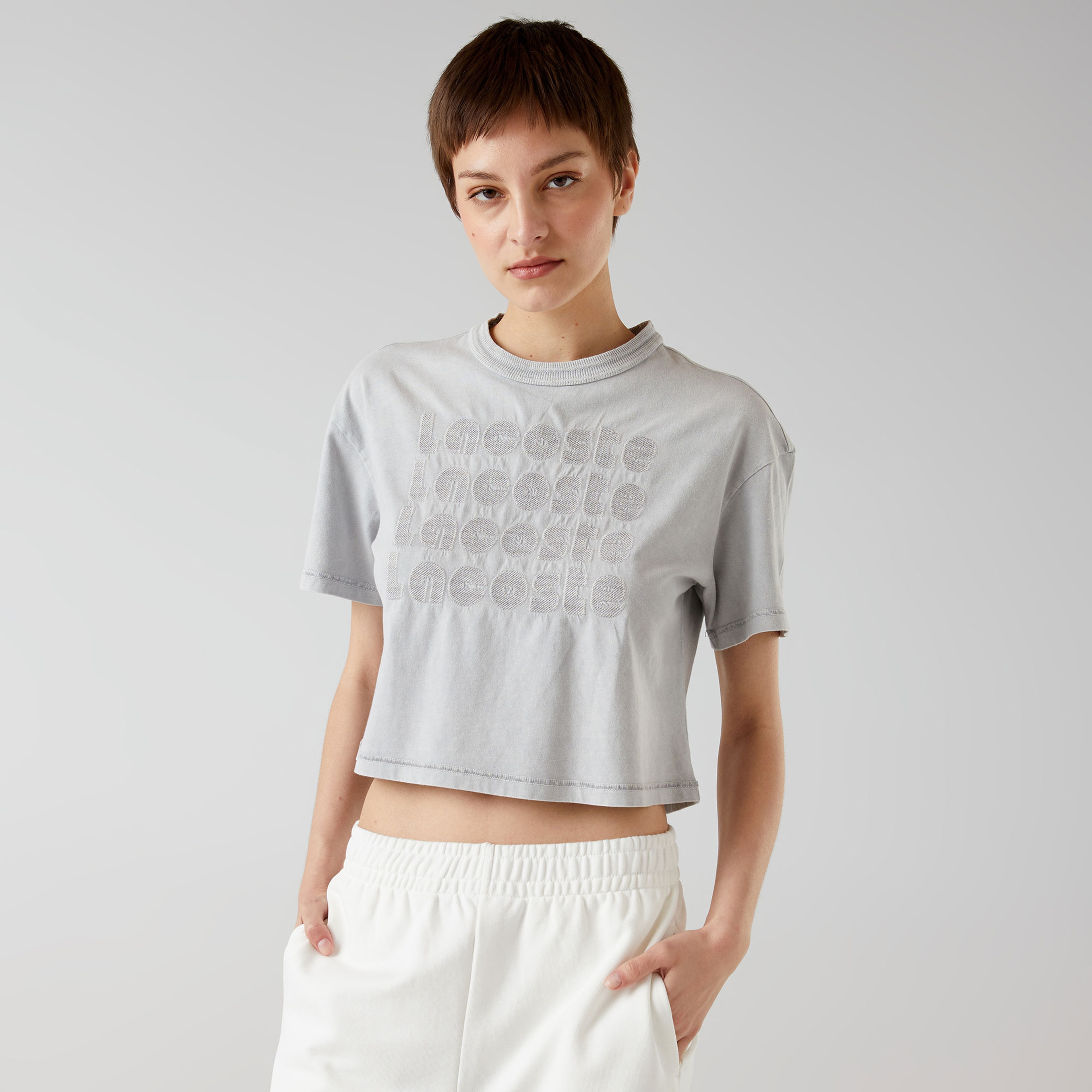 Lacoste x House of SuperStep Kadın Gri T-Shirt