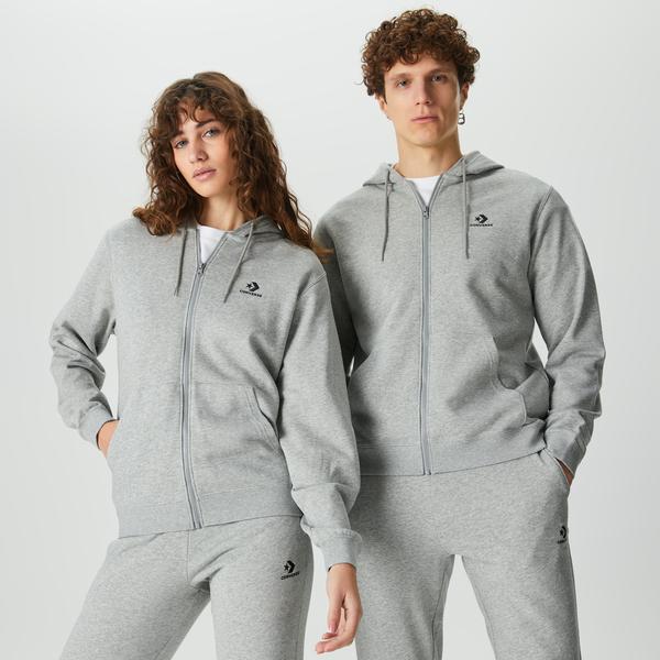 Converse Unisex Gri Fermuarlı Hoodie