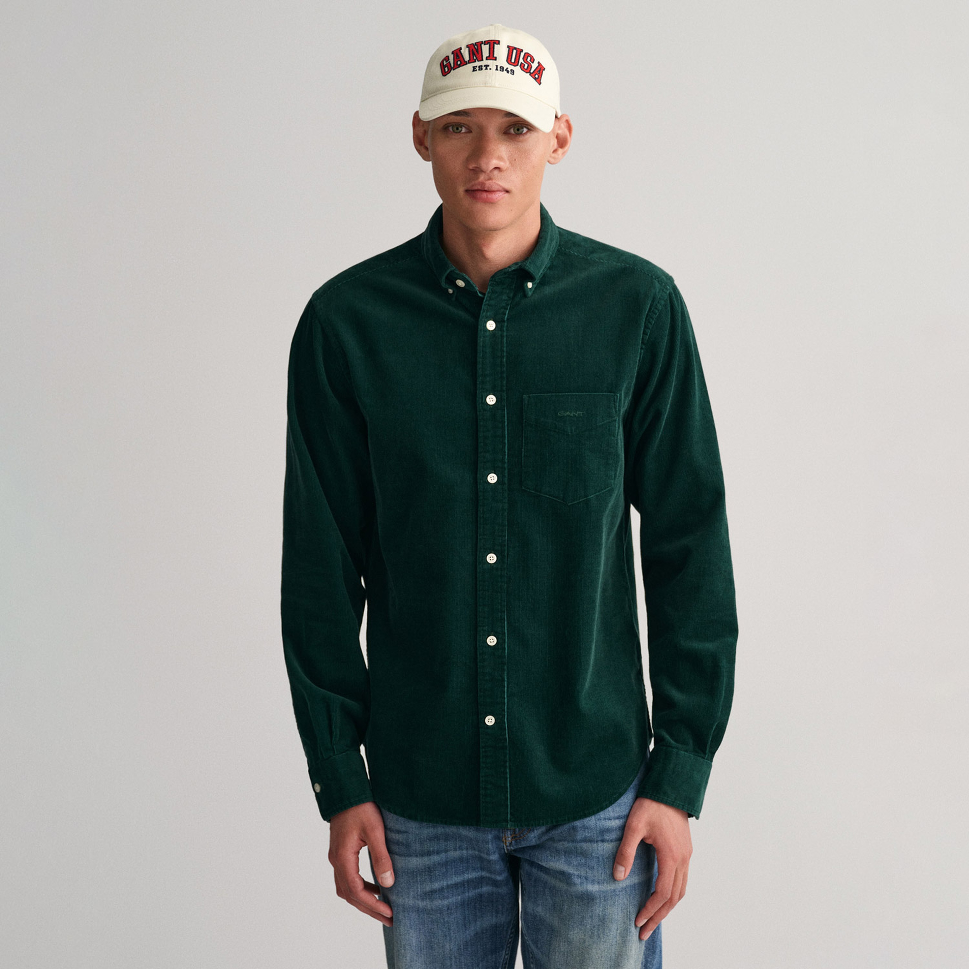GANT Erkek Yeşil Regular Fit Düğmeli Yaka Kadife Gömlek