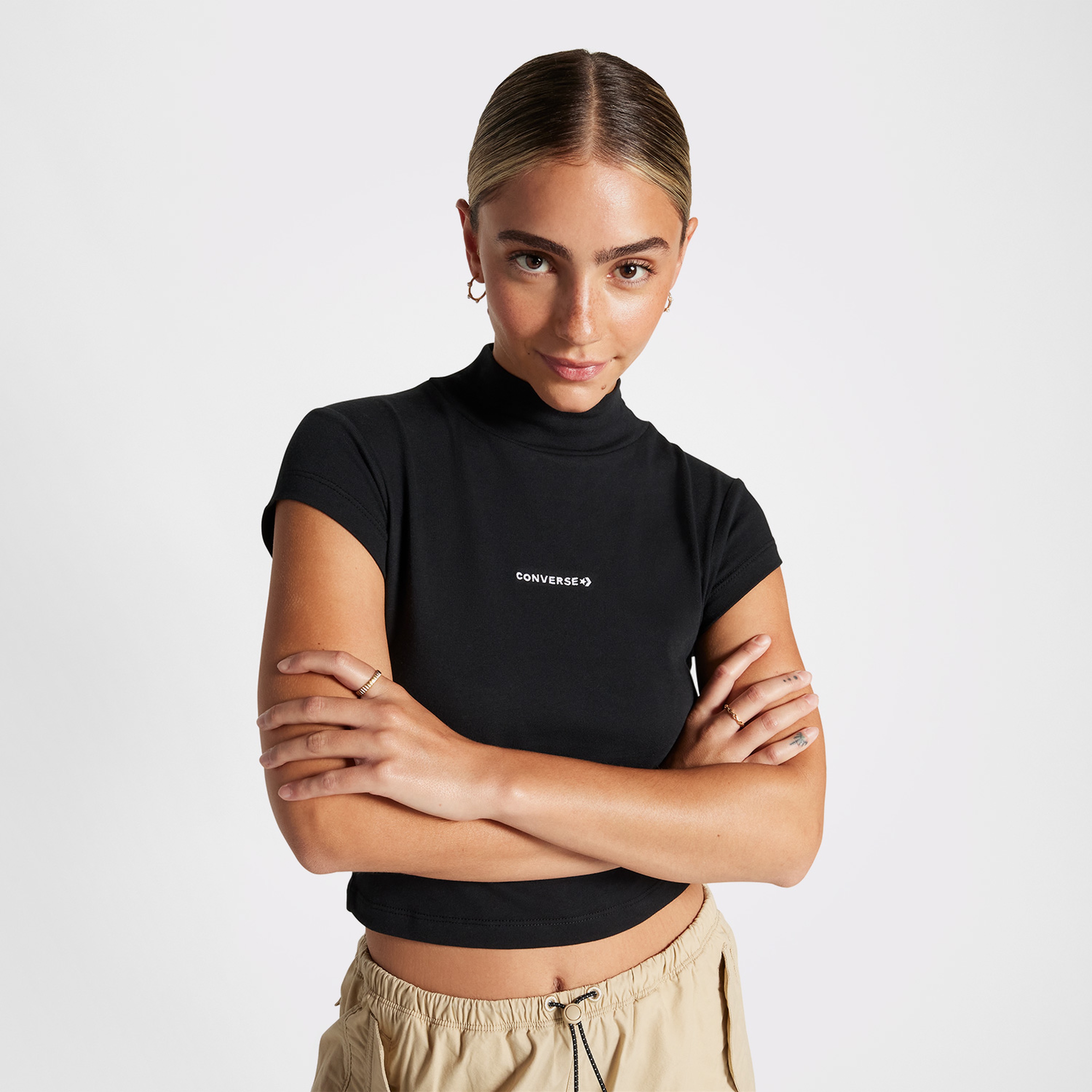Converse Wordmark Short Sleeve Top Kadın Siyah Crop T-Shirt