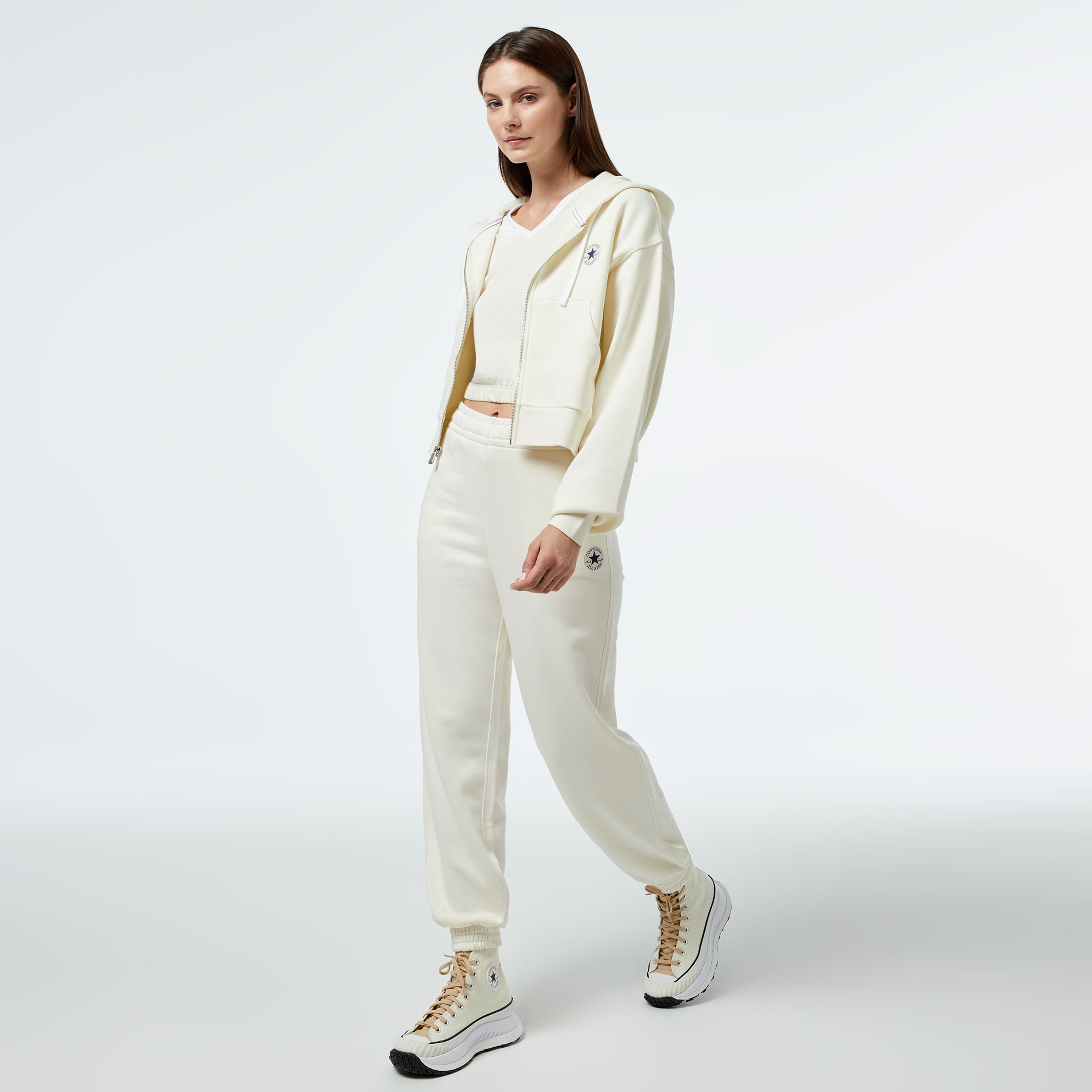 Converse Retro Fermuarlı Baskılı Kadın Krem Hoodie