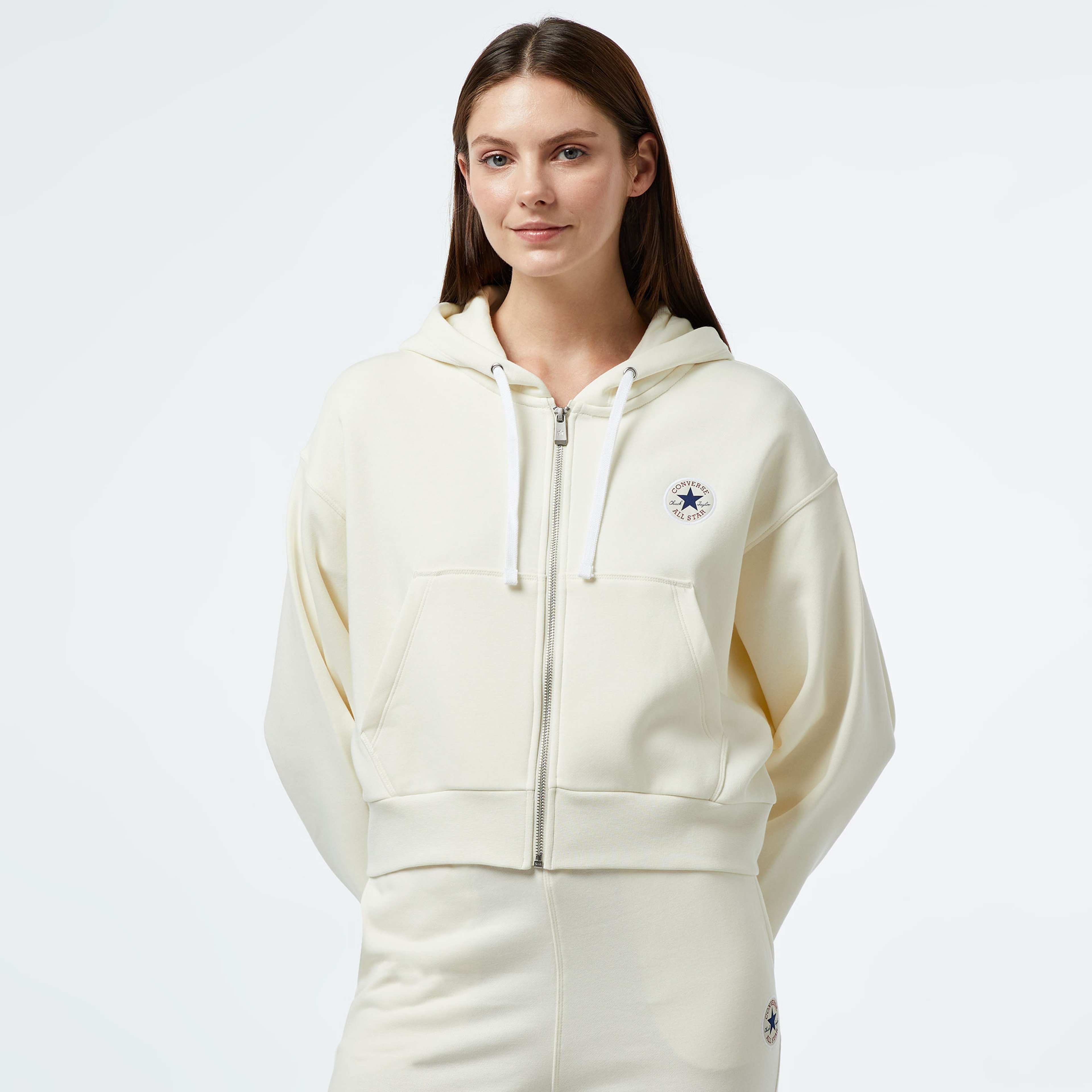 Converse Retro Fermuarlı Baskılı Kadın Krem Hoodie