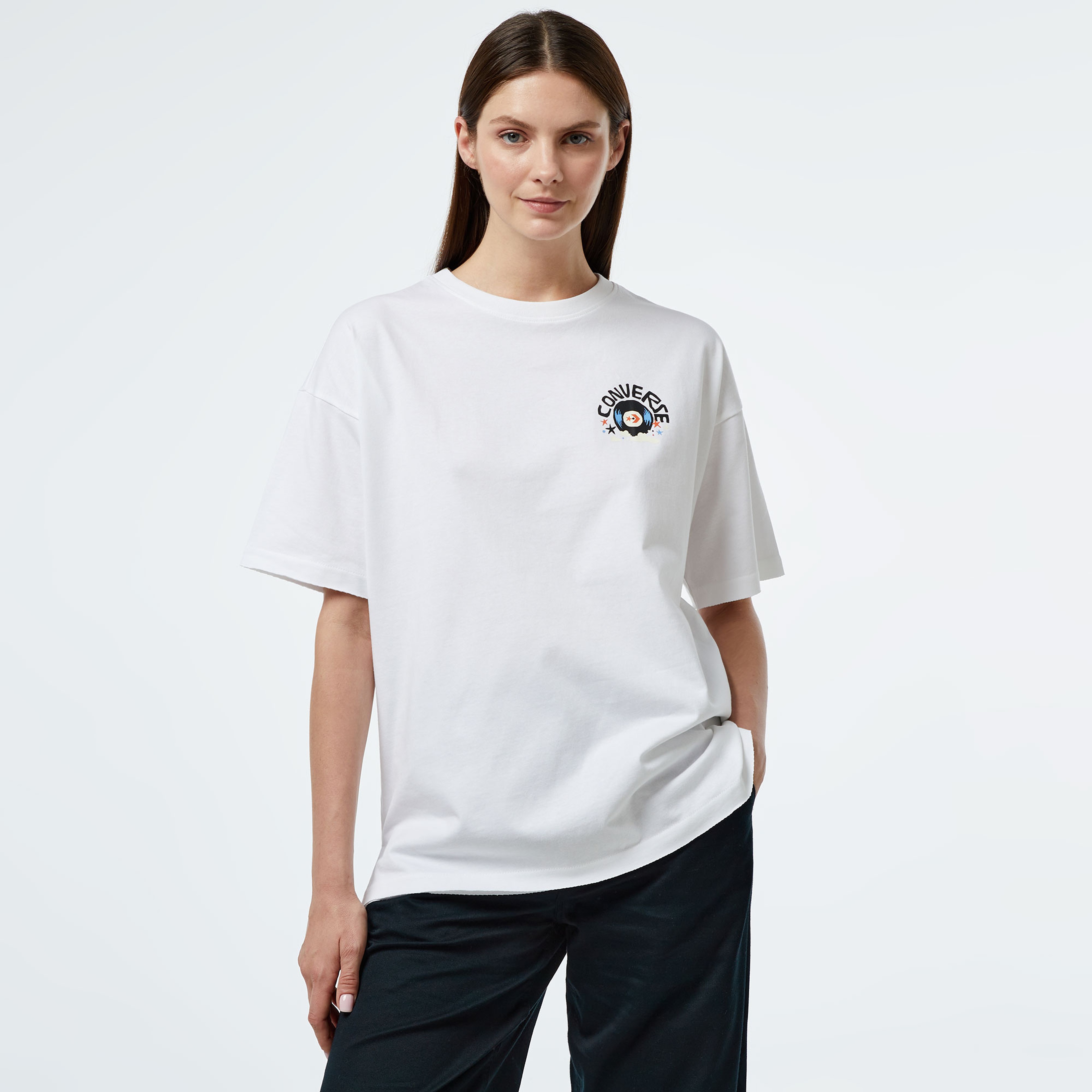 Converse Music Graphic Oversize Fit Kadın Beyaz T-Shirt
