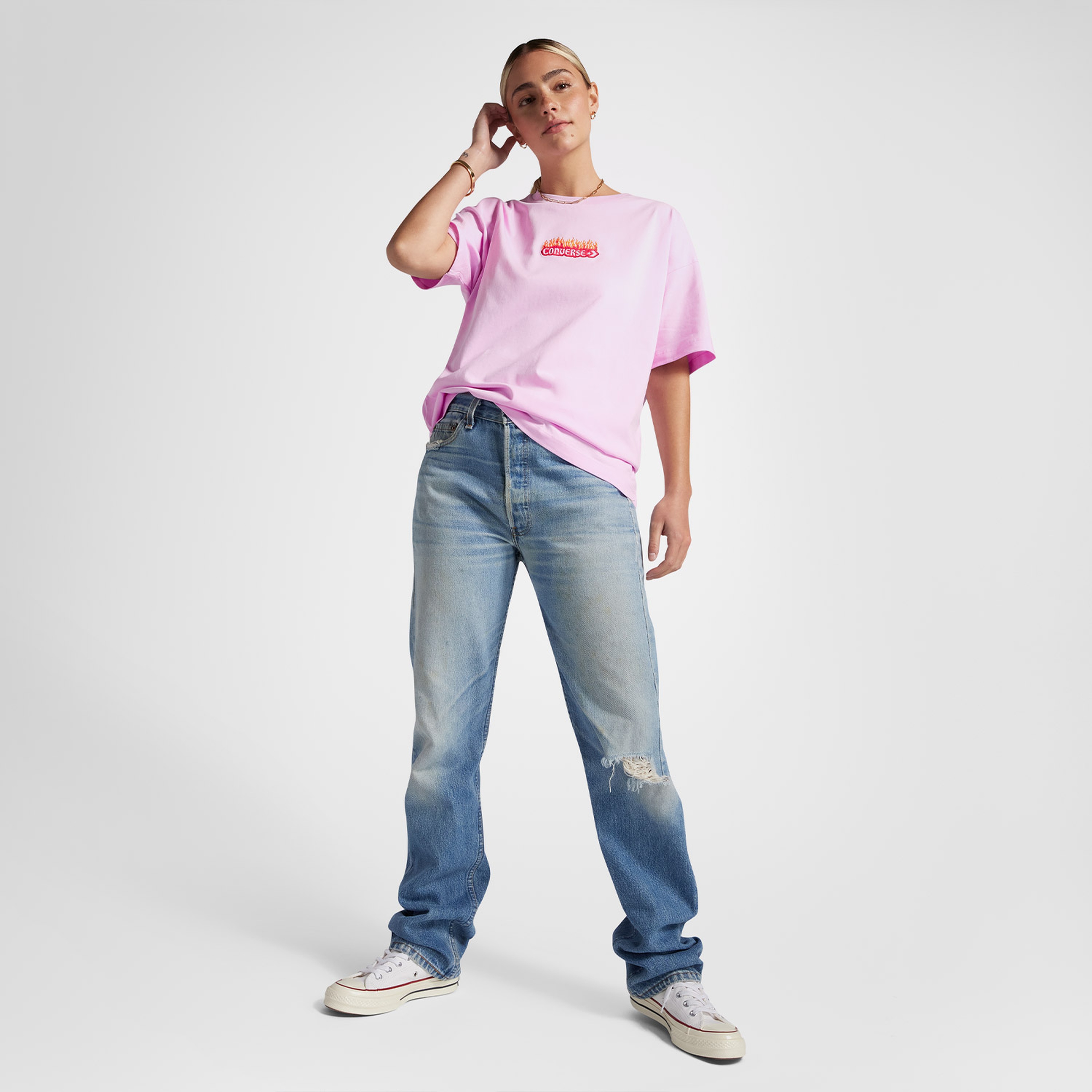 Converse Flaming Oversize Fit Kadın Lila T-Shirt