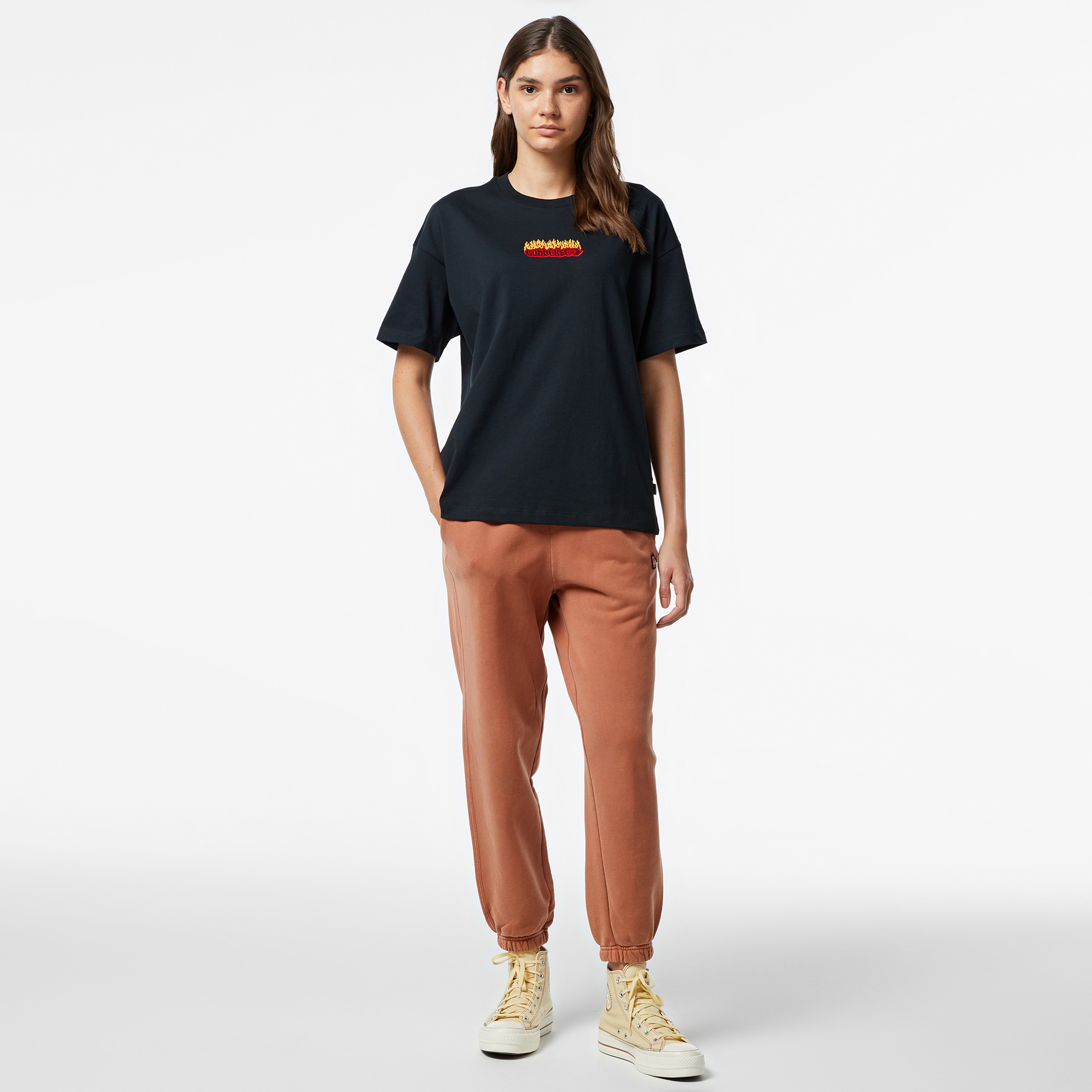 Converse Flaming Oversize Fit Kadın Siyah T-Shirt