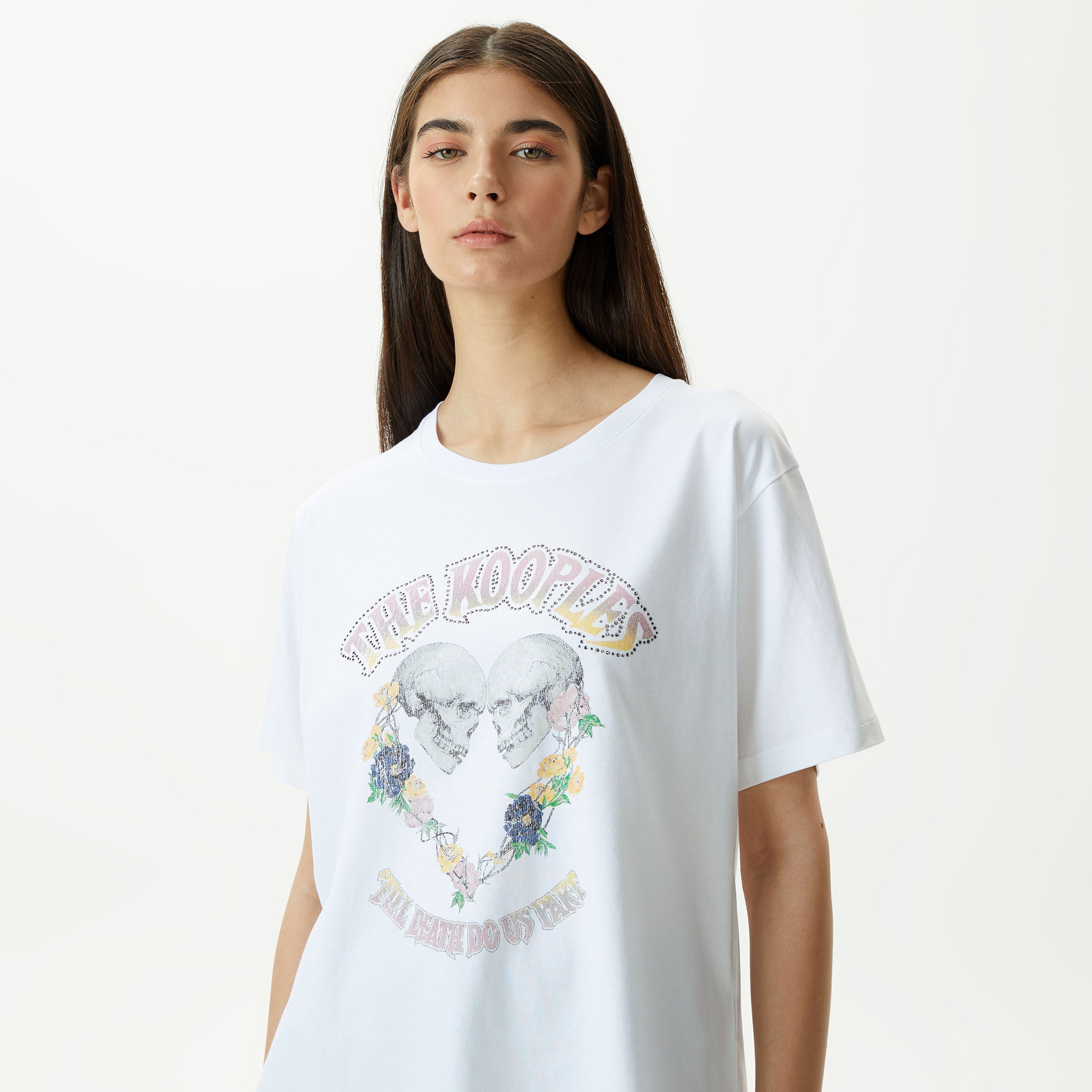 KADIN BASKILI BİSİKLET YAKA BEYAZ T-SHIRT