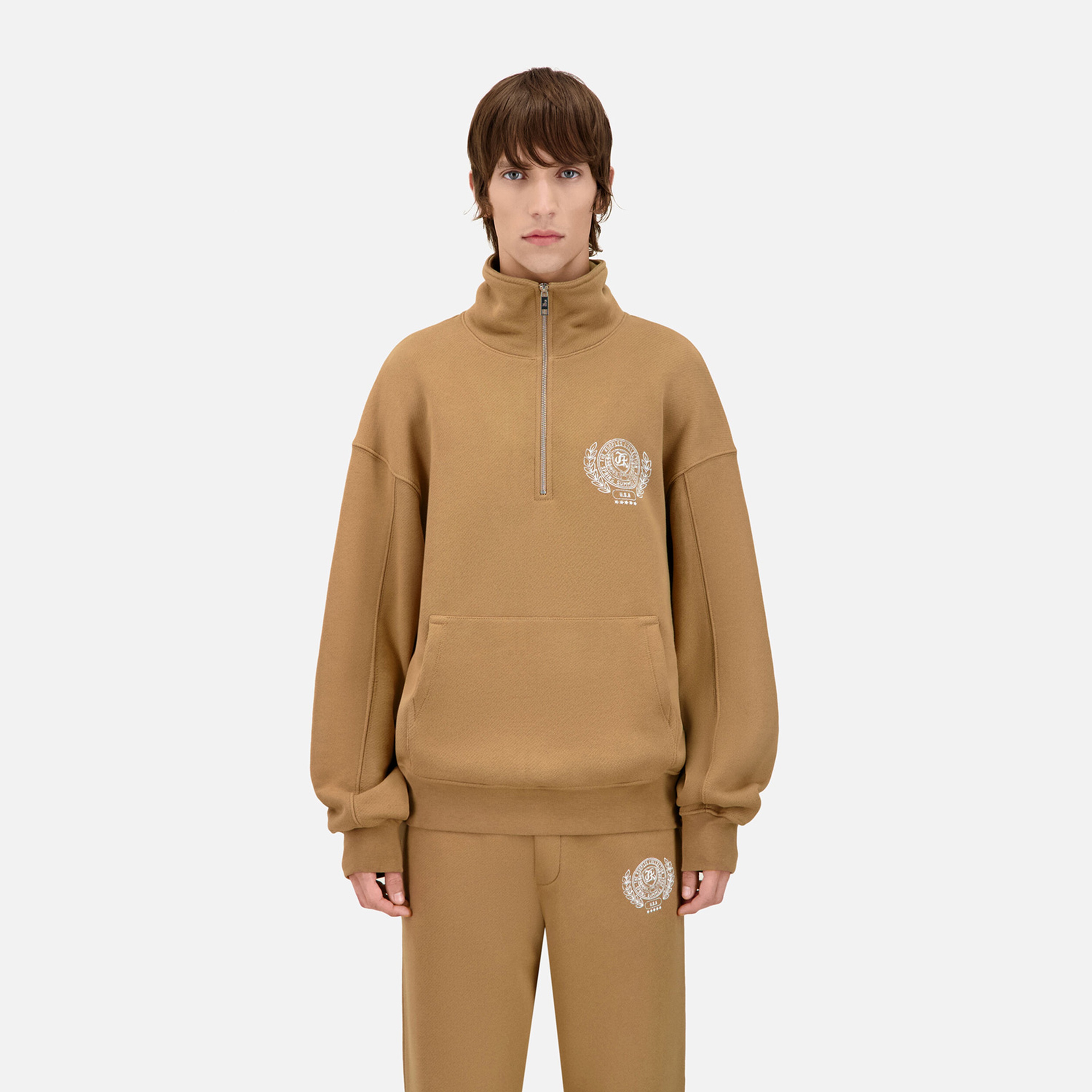 ERKEK BASKILI YARIM FERMUARLI BEJ SWEATSHIRT