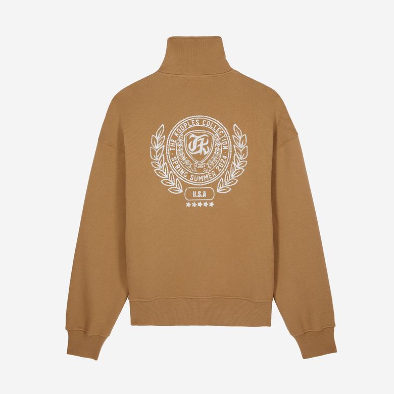 ERKEK BASKILI YARIM FERMUARLI BEJ SWEATSHIRT