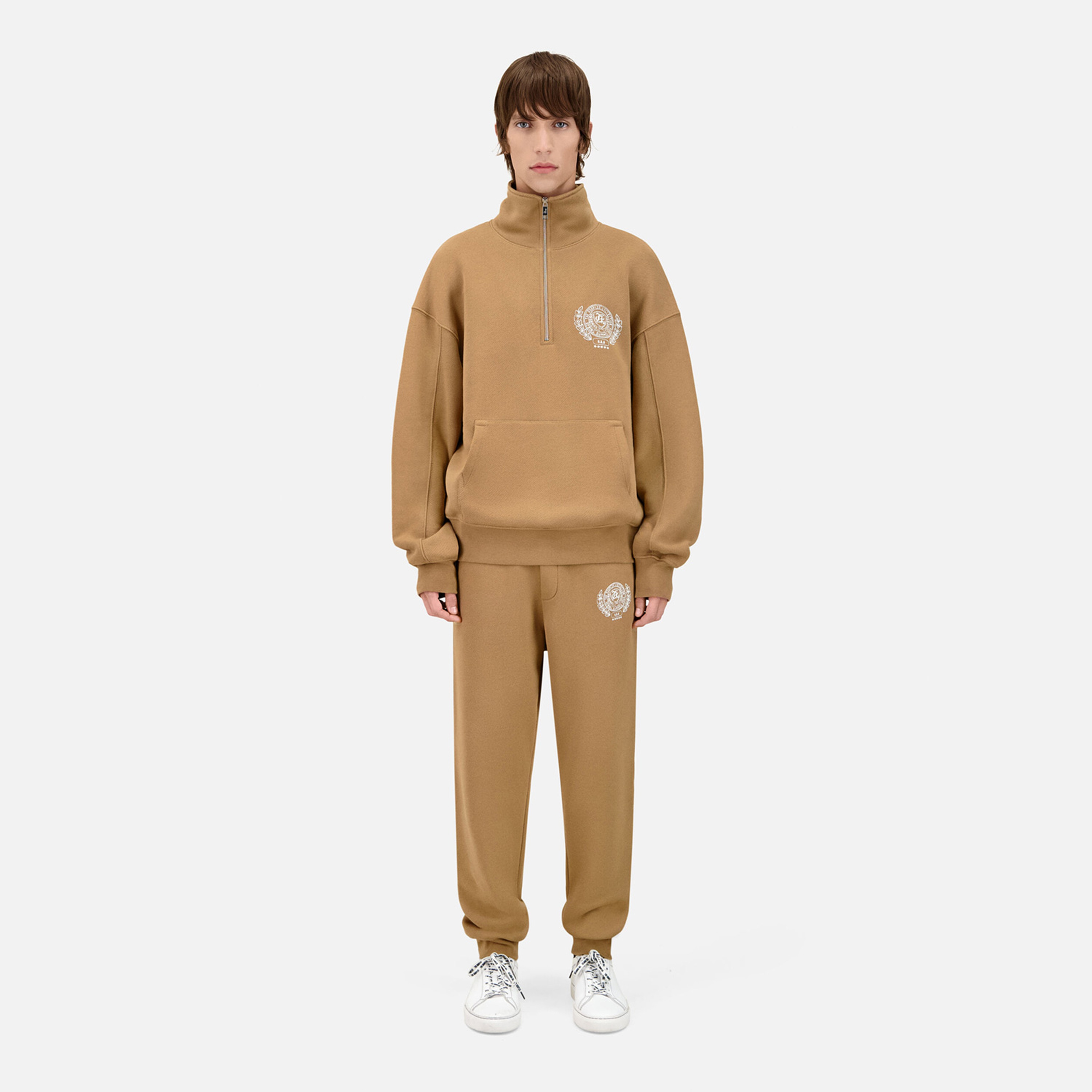 ERKEK BASKILI YARIM FERMUARLI BEJ SWEATSHIRT