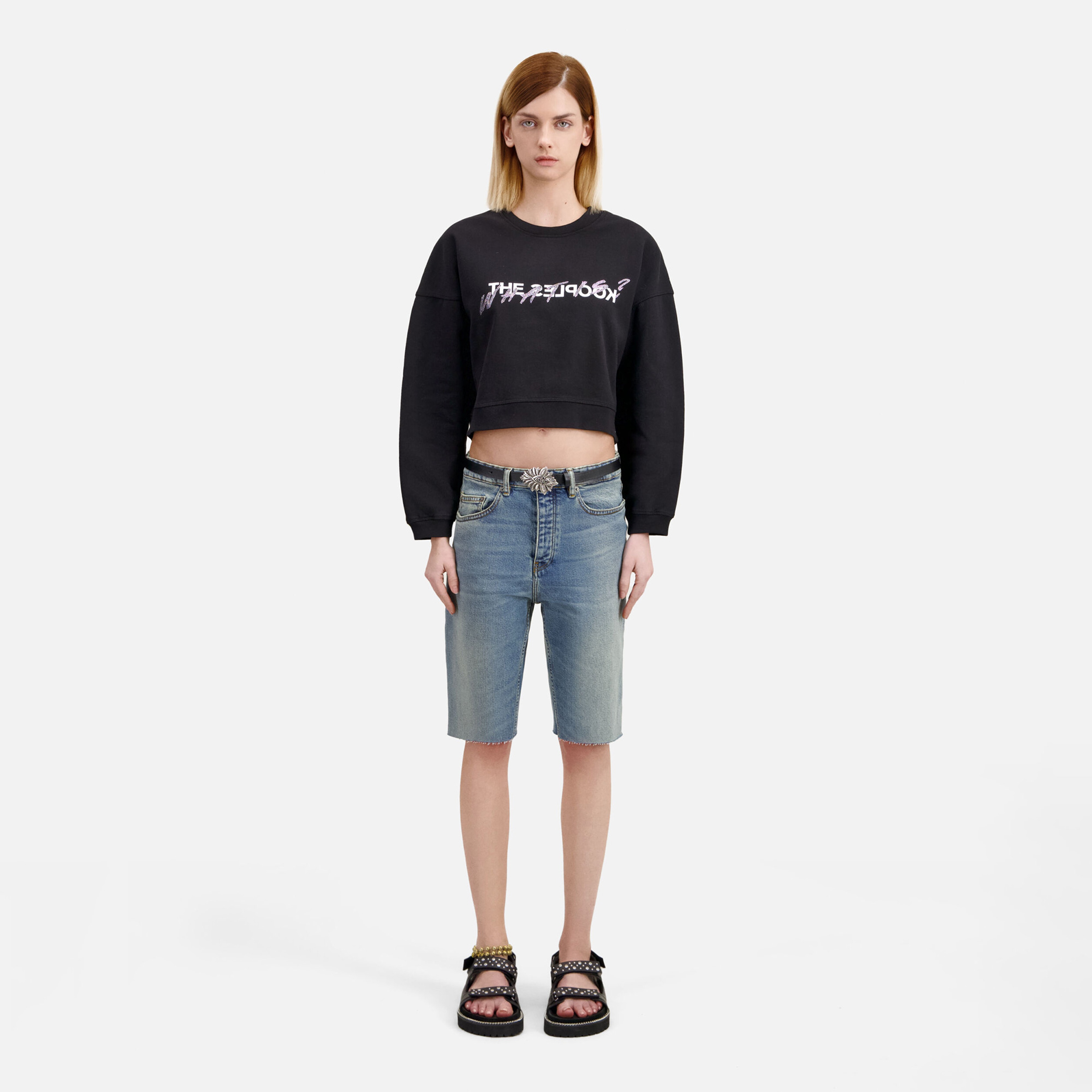 KADIN BASKILI BİSİKLET YAKA SİYAH CROP  SWEATSHIRT