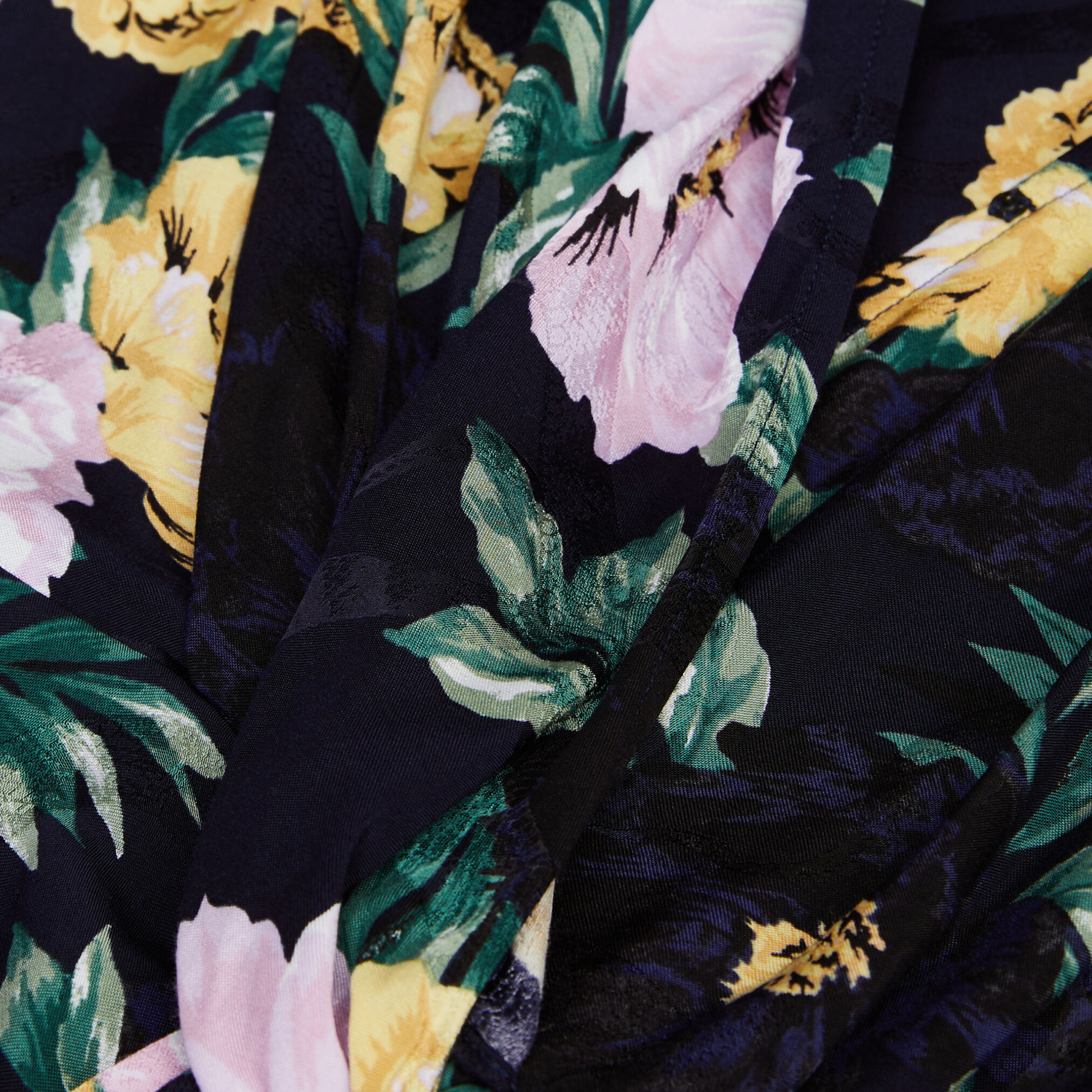 KADIN ÇİÇEK DESENLİ DRAPELİ LACİVERT ELBİSE