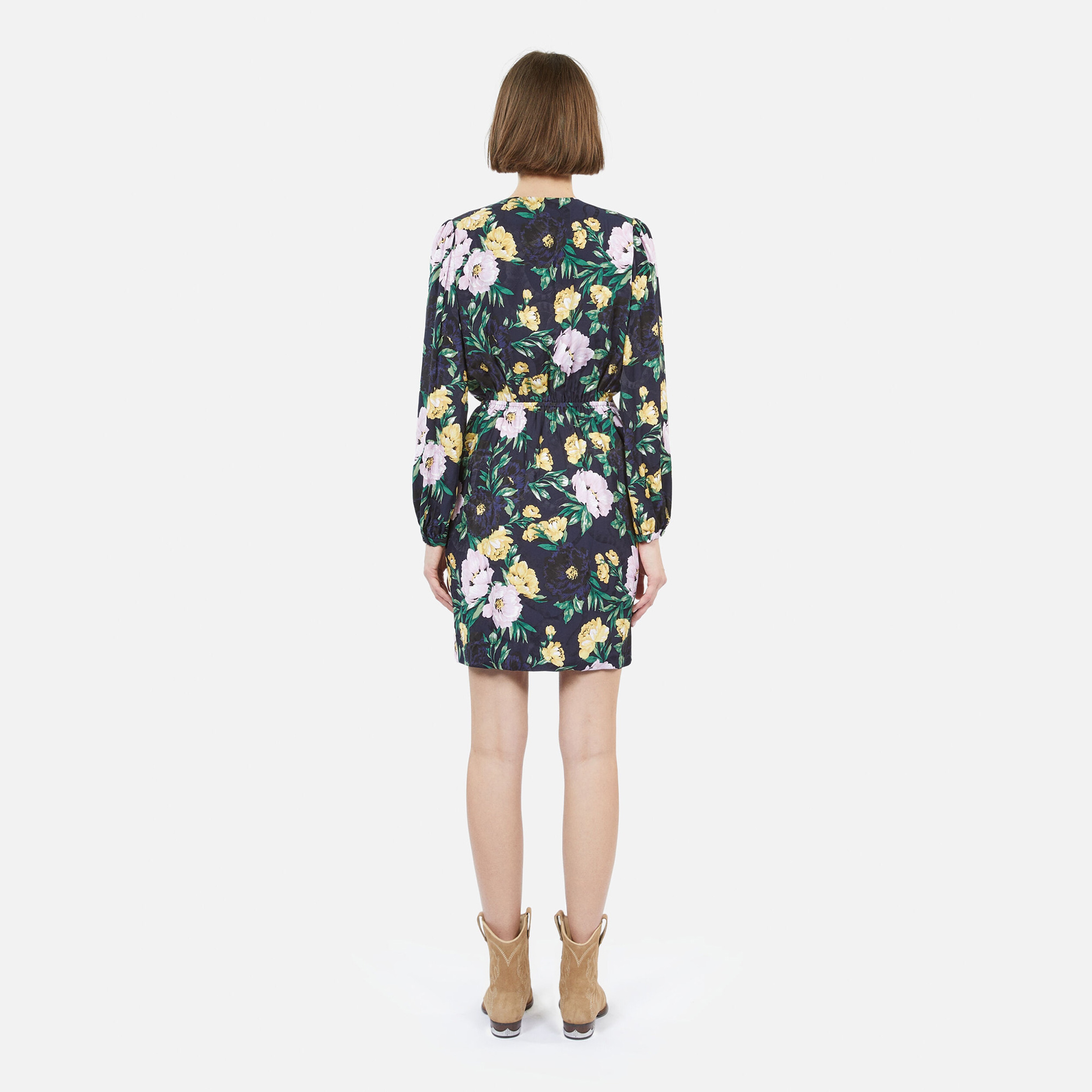 KADIN ÇİÇEK DESENLİ DRAPELİ LACİVERT ELBİSE