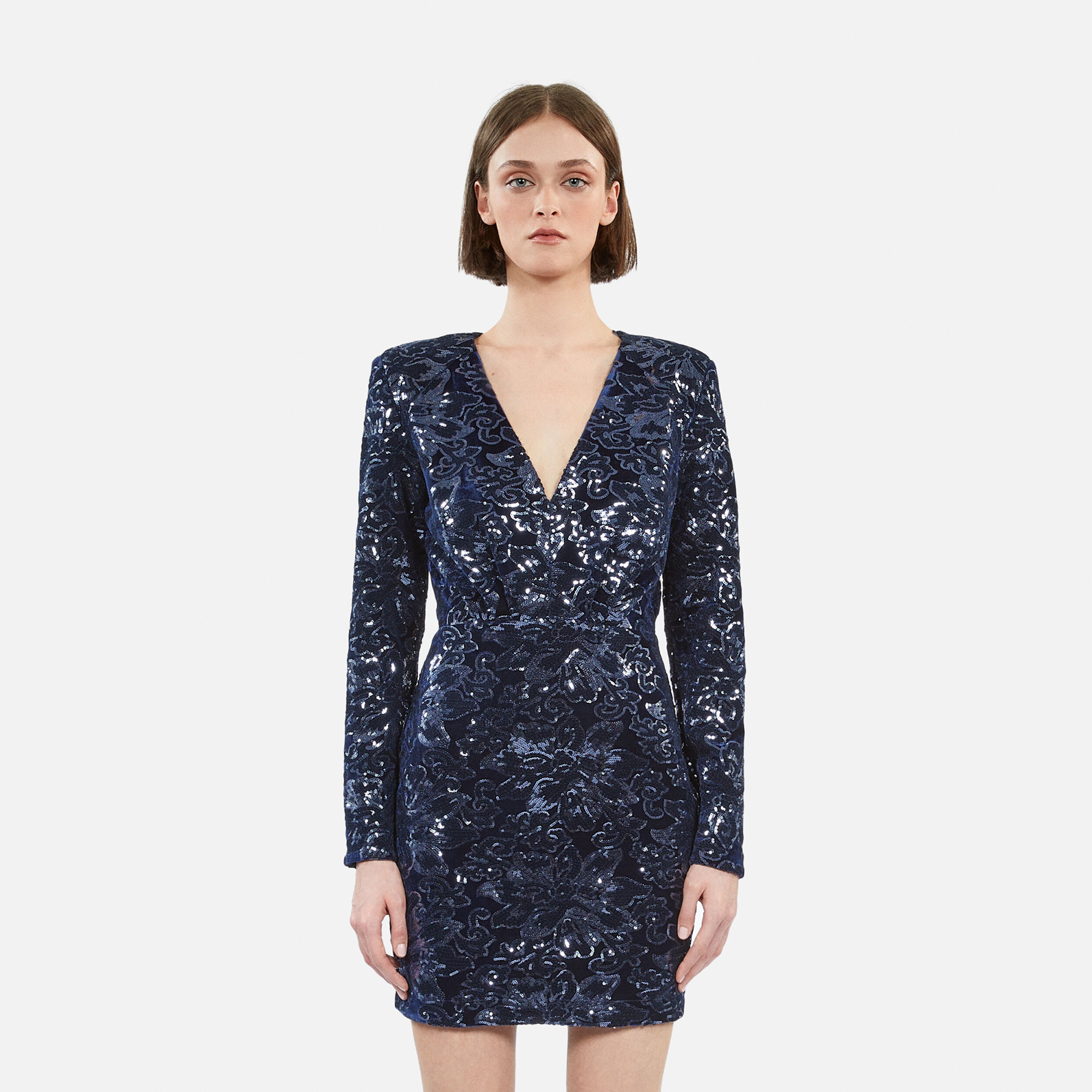 KADIN PAYETLİ KADİFE LACİVERT ELBİSE