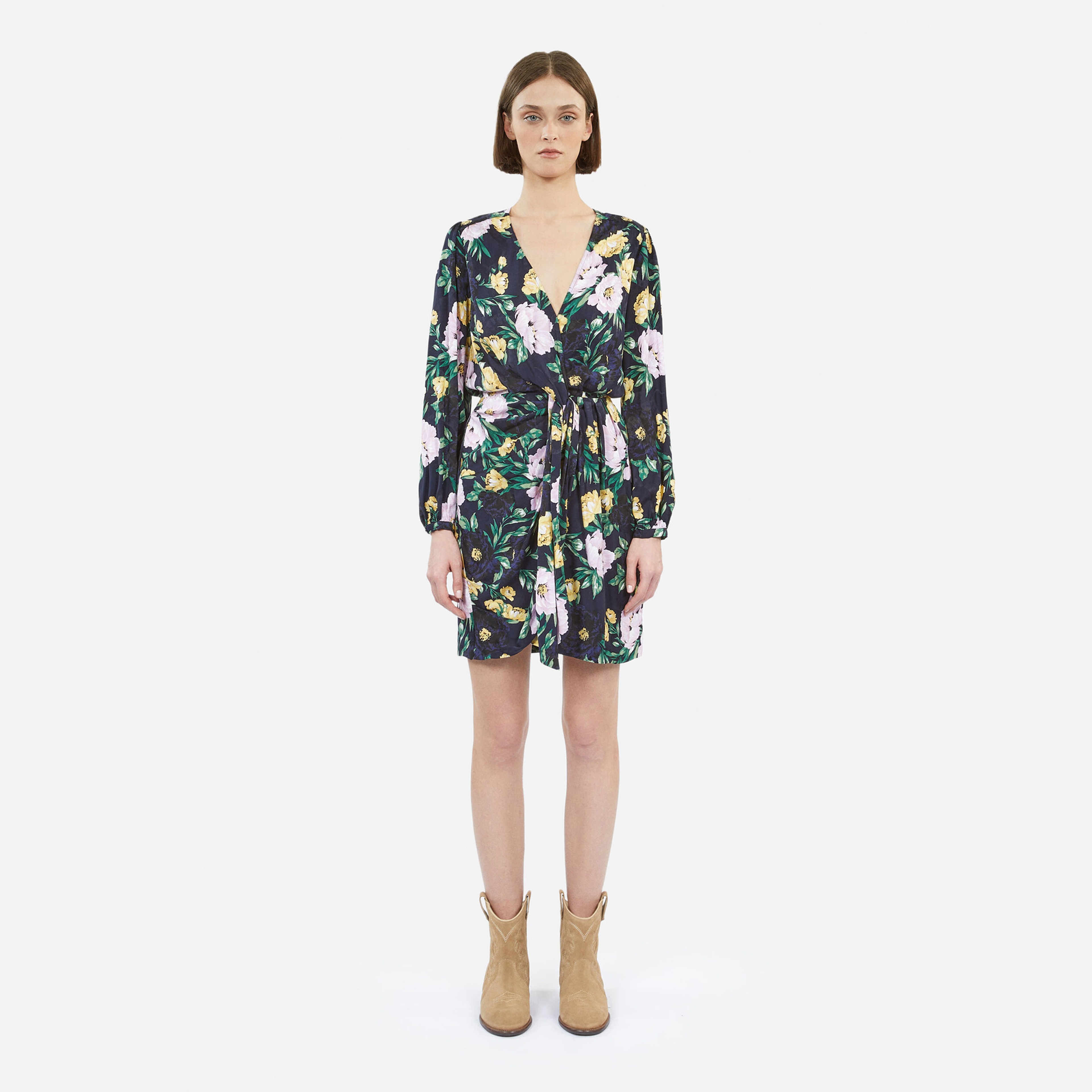 KADIN ÇİÇEK DESENLİ DRAPELİ LACİVERT ELBİSE