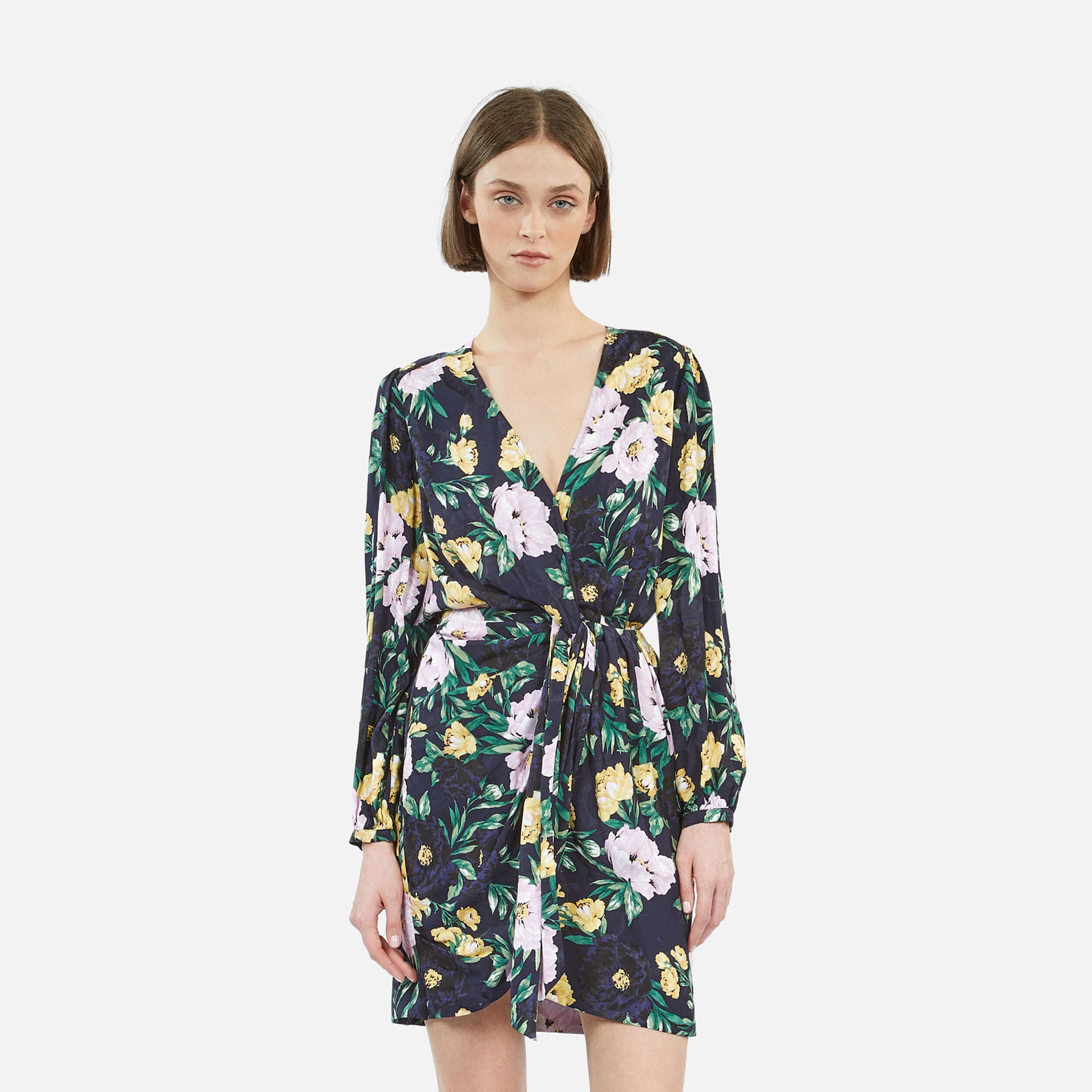 KADIN ÇİÇEK DESENLİ DRAPELİ LACİVERT ELBİSE