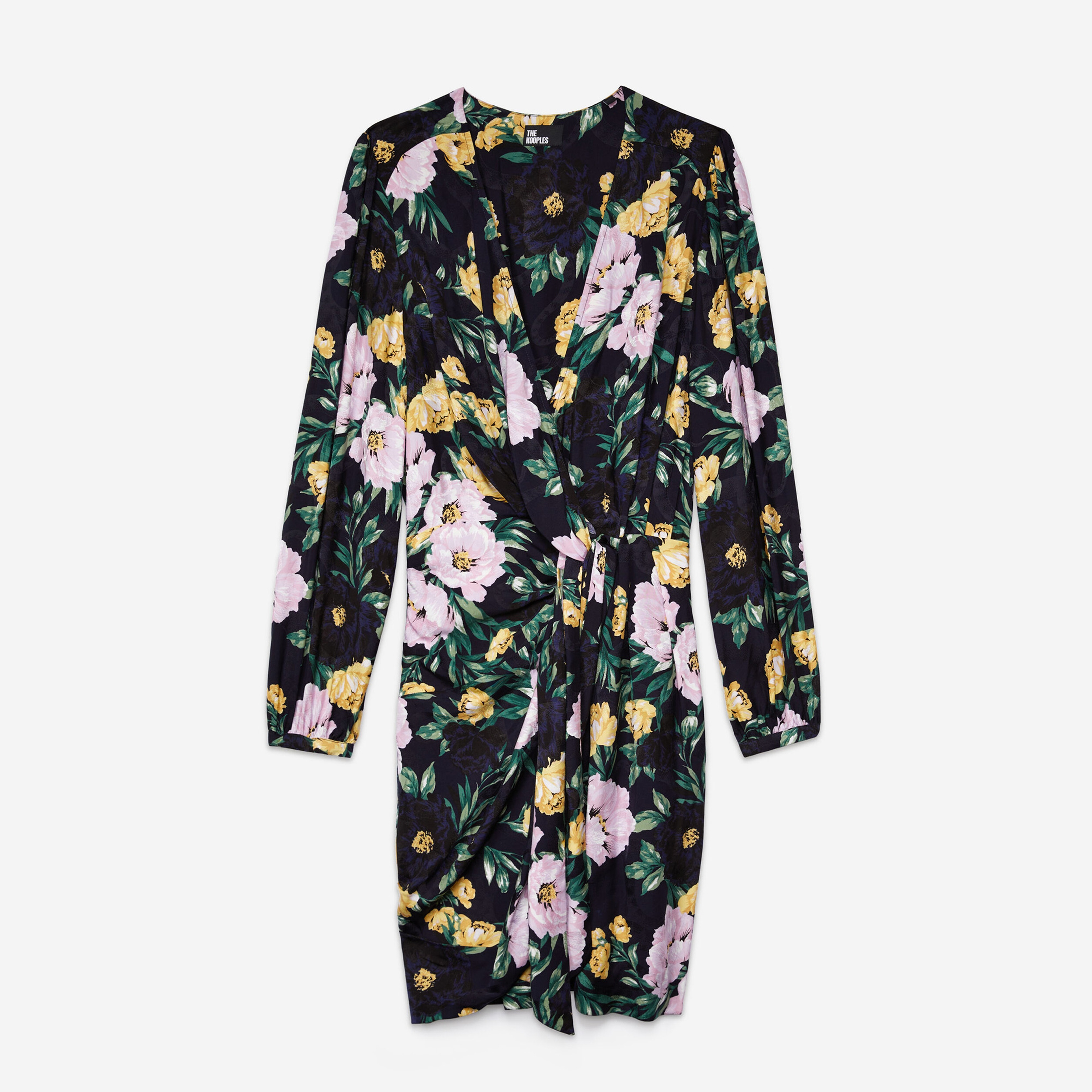 KADIN ÇİÇEK DESENLİ DRAPELİ LACİVERT ELBİSE