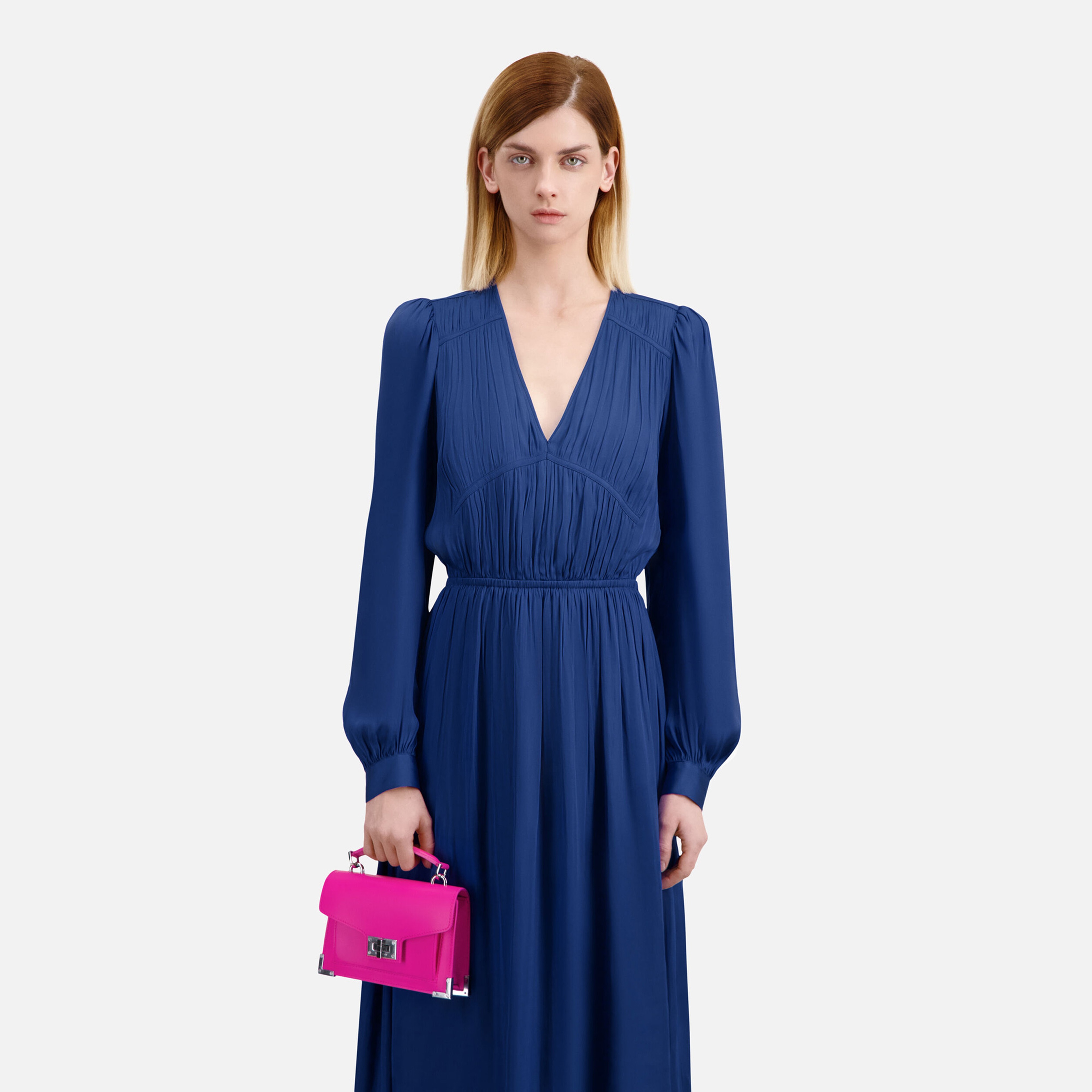 KADIN PİLELİ V YAKA MAVİ  ELBİSE