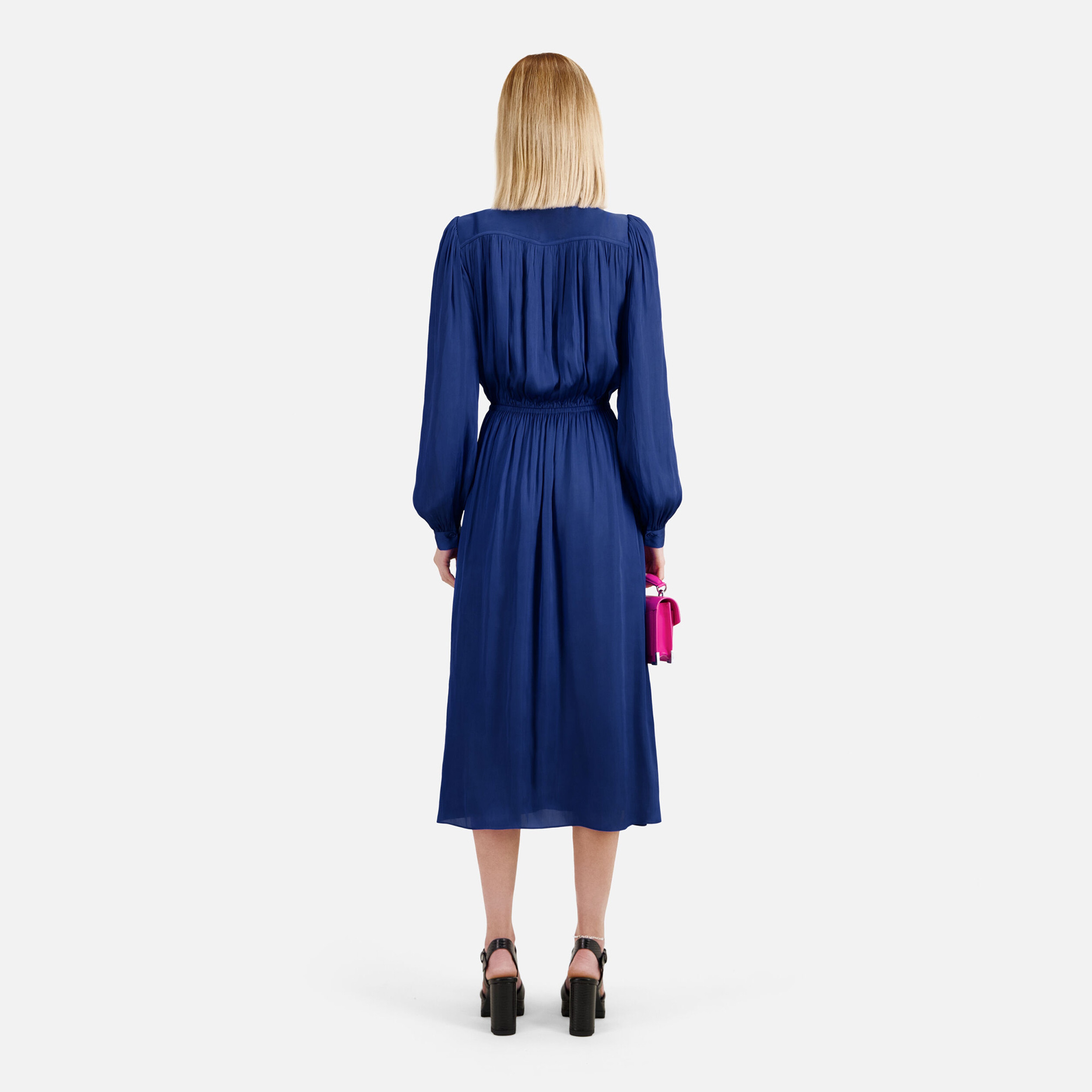 KADIN PİLELİ V YAKA MAVİ  ELBİSE