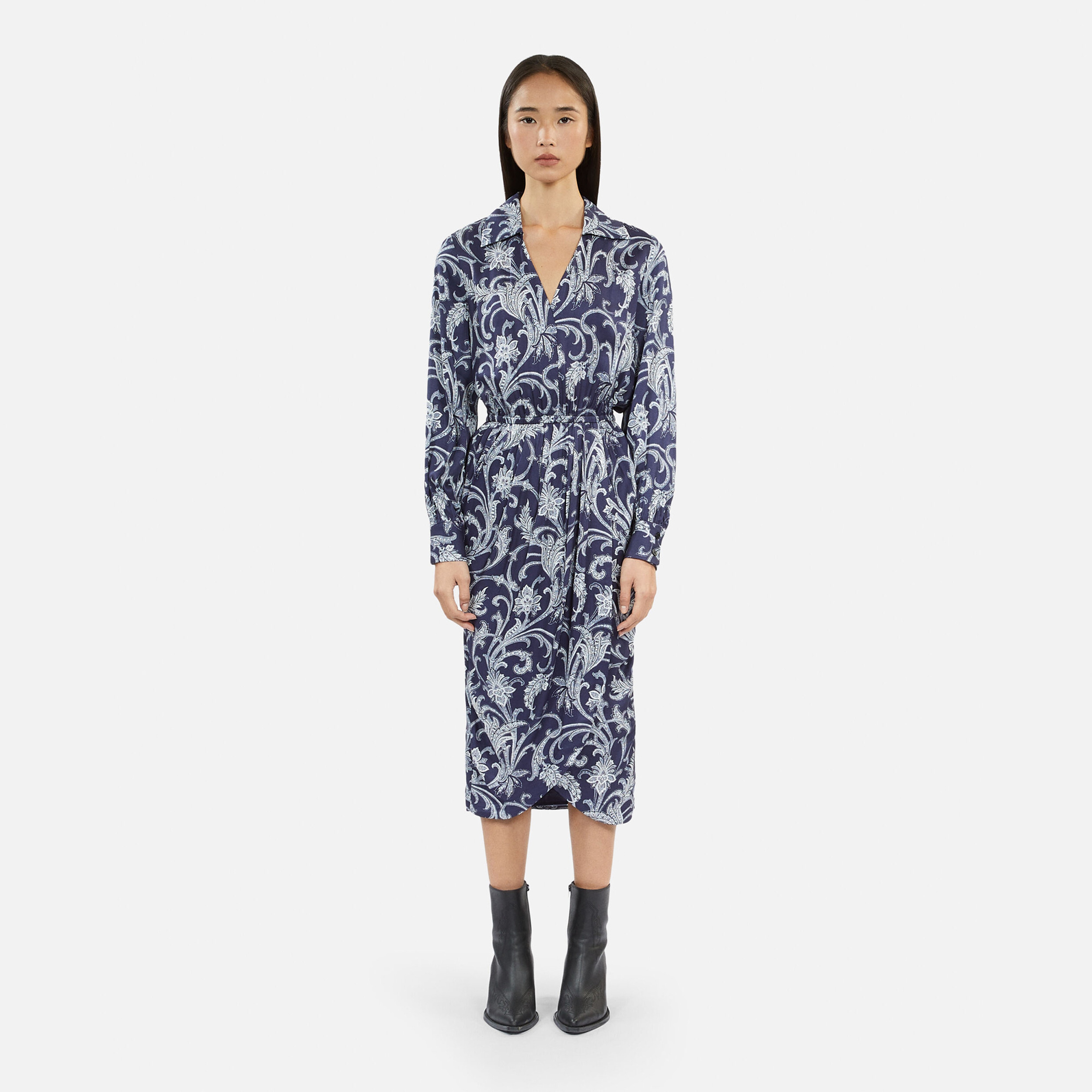 KADIN ÇİÇEK DESENLİ GÖMLEK YAKA LACİVERT ELBİSE