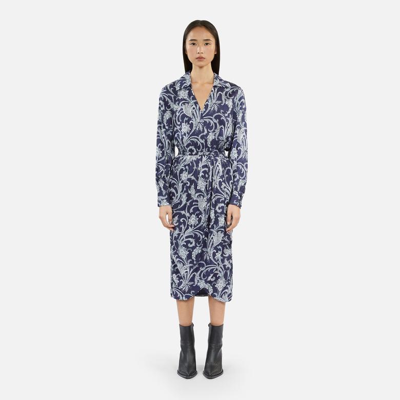 KADIN ÇİÇEK DESENLİ GÖMLEK YAKA LACİVERT ELBİSE