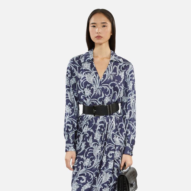 KADIN ÇİÇEK DESENLİ GÖMLEK YAKA LACİVERT ELBİSE