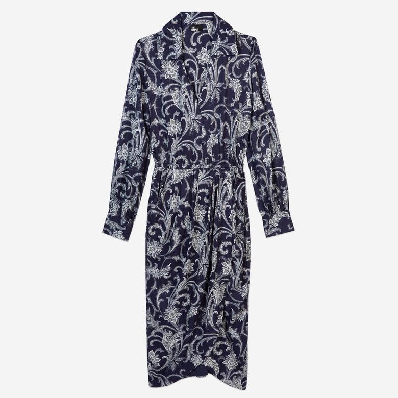 KADIN ÇİÇEK DESENLİ GÖMLEK YAKA LACİVERT ELBİSE