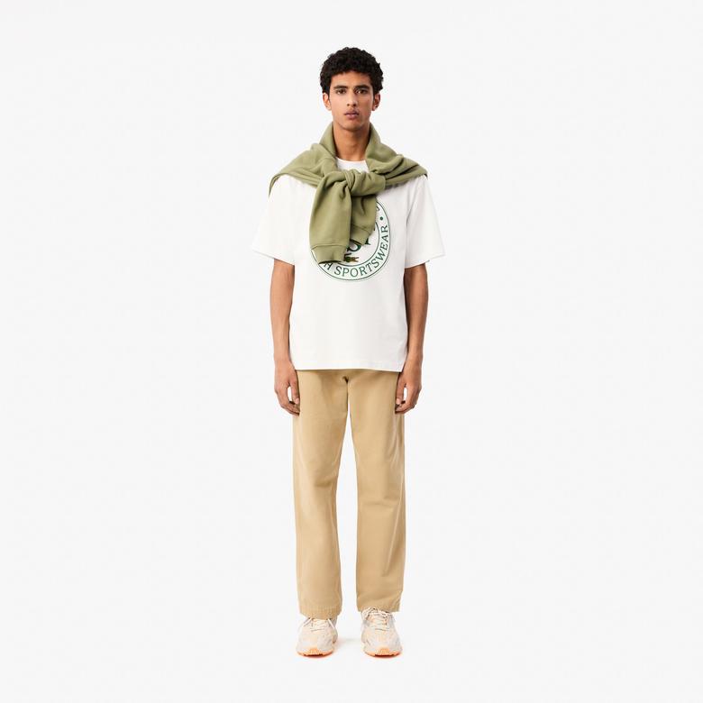 Erkek Loose Fit Bisiklet Yaka Baskılı Beyaz T-Shirt