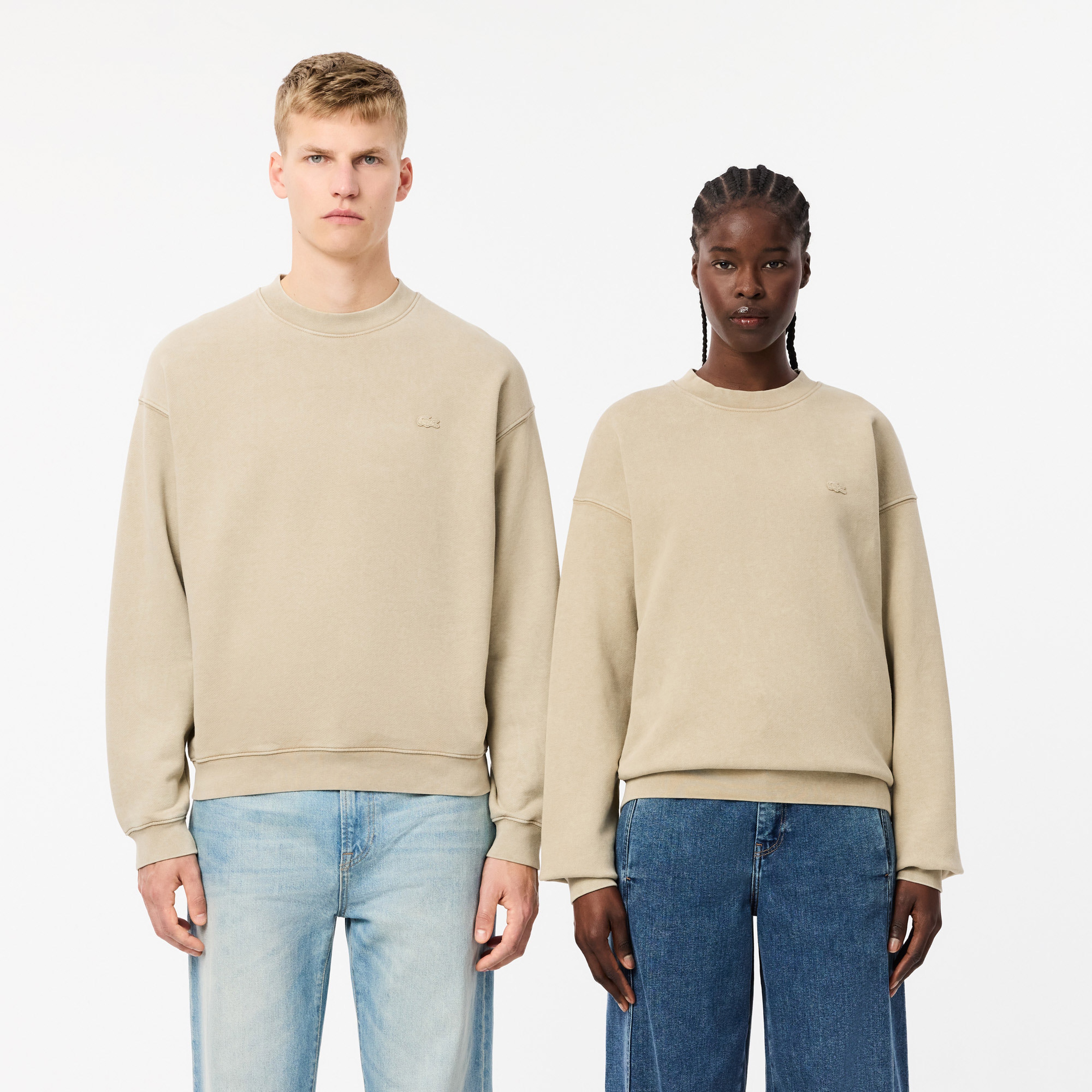 Unisex Loose Fit Bisiklet Yaka Bej Sweatshirt