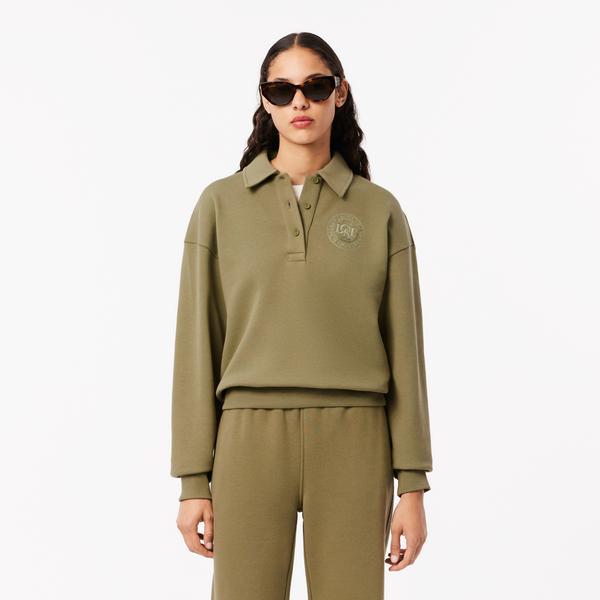 Kadın Relaxed Fit Polo Yaka Haki Sweatshirt